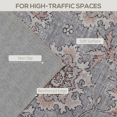 HOMCOM Machine Washable Area Rug 4x6, Non-Slip Traditional Flower Print Floor Carpet for Living Room, Bedroom, Grey and Brown