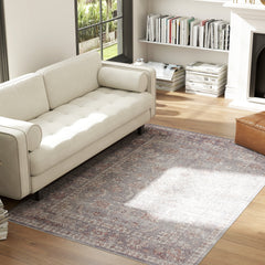 HOMCOM Machine Washable Area Rug 4x6, Non-Slip Traditional Flower Print Floor Carpet for Living Room, Bedroom, Grey and Brown