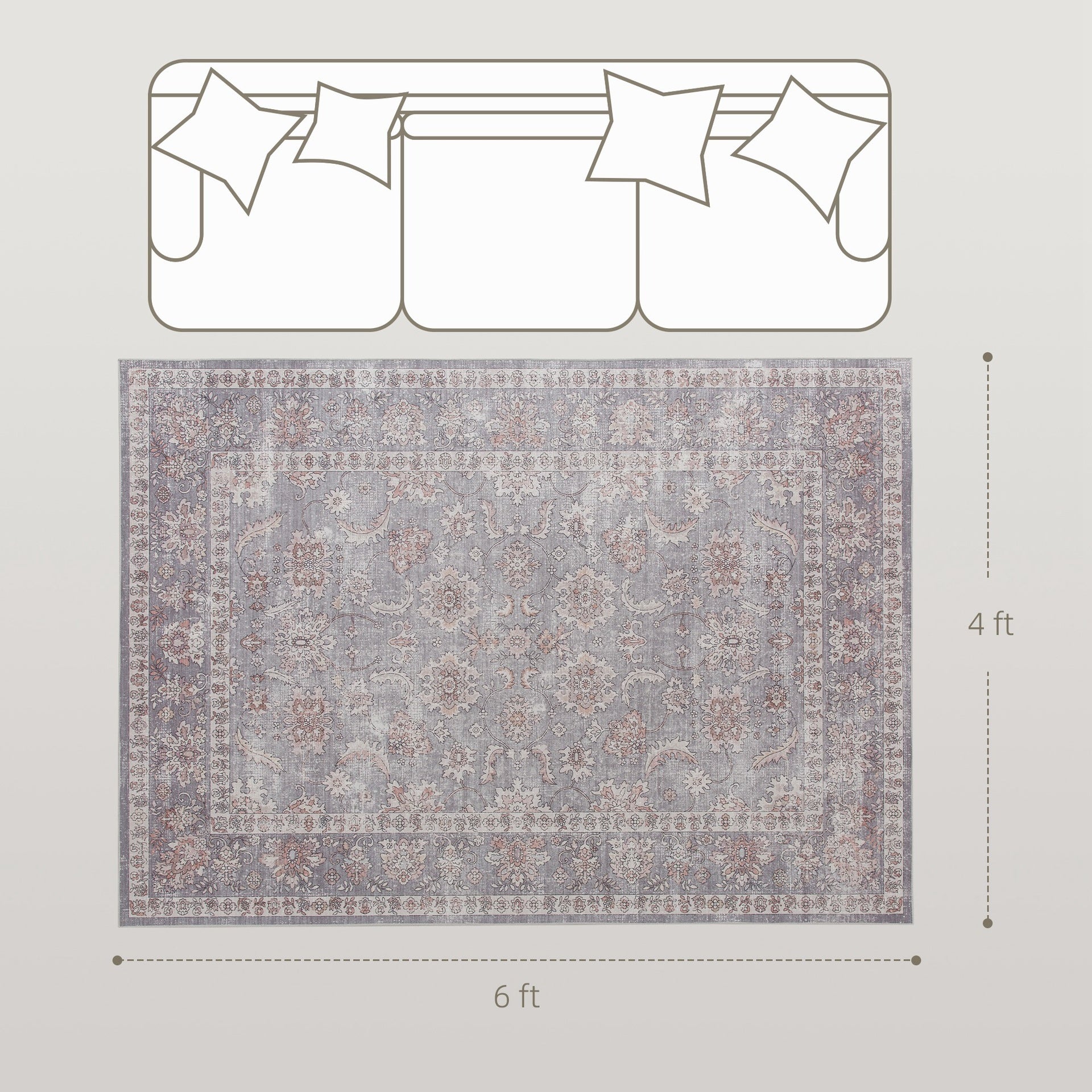HOMCOM Machine Washable Area Rug 4x6, Non-Slip Traditional Flower Print Floor Carpet for Living Room, Bedroom, Grey and Brown
