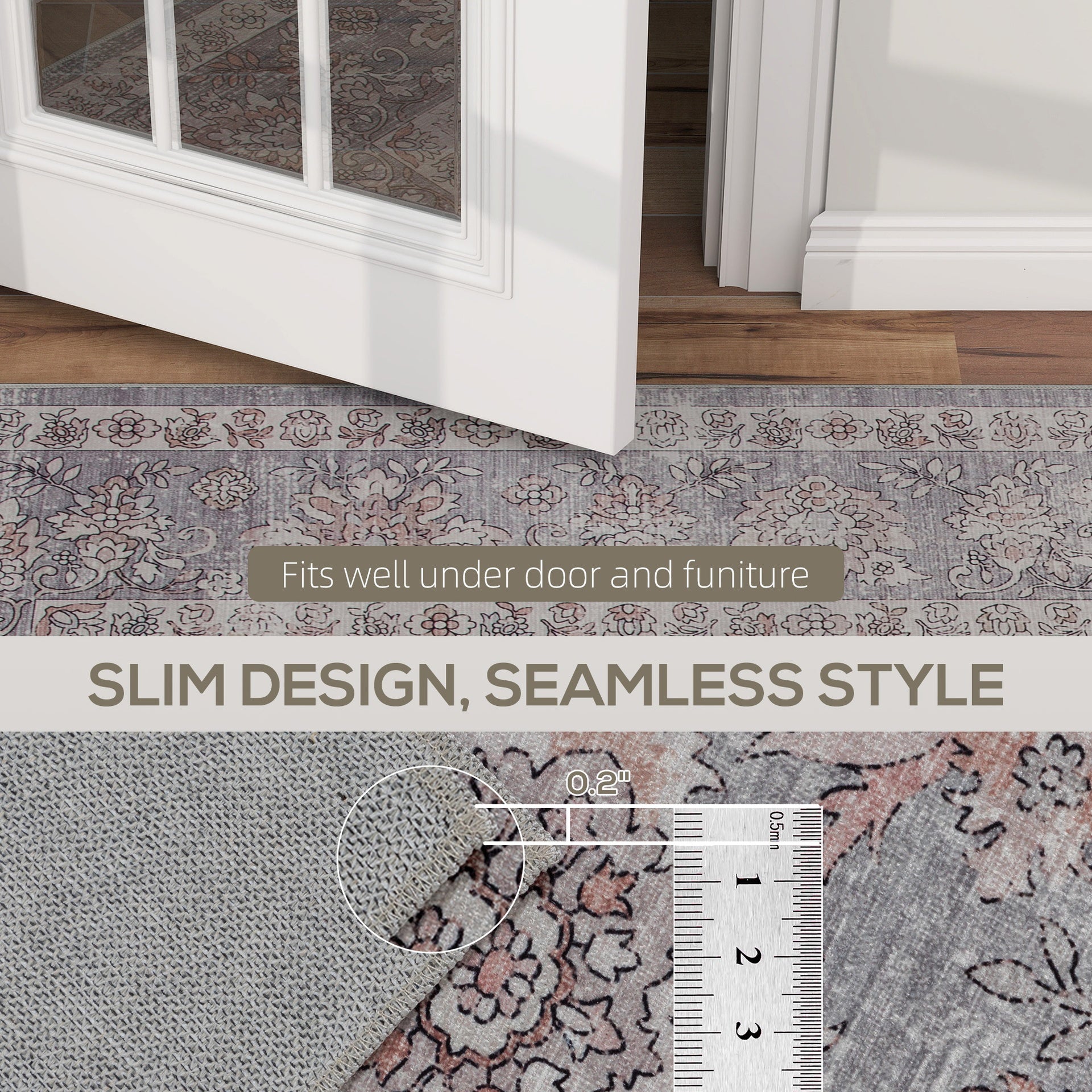 HOMCOM Machine Washable Area Rug 4x6, Non-Slip Traditional Flower Print Floor Carpet for Living Room, Bedroom, Grey and Brown