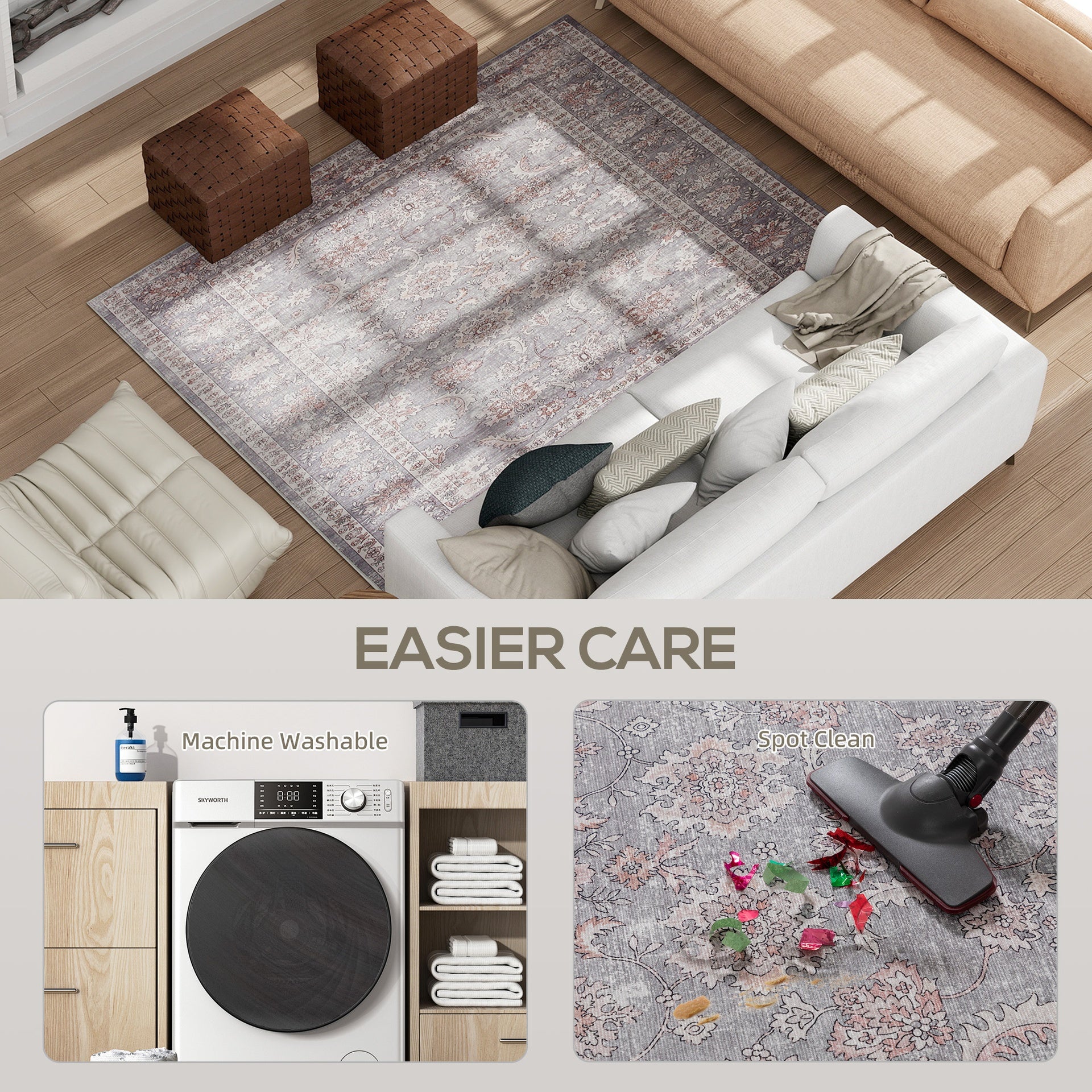 HOMCOM Machine Washable Area Rug 4x6, Non-Slip Traditional Flower Print Floor Carpet for Living Room, Bedroom, Grey and Brown