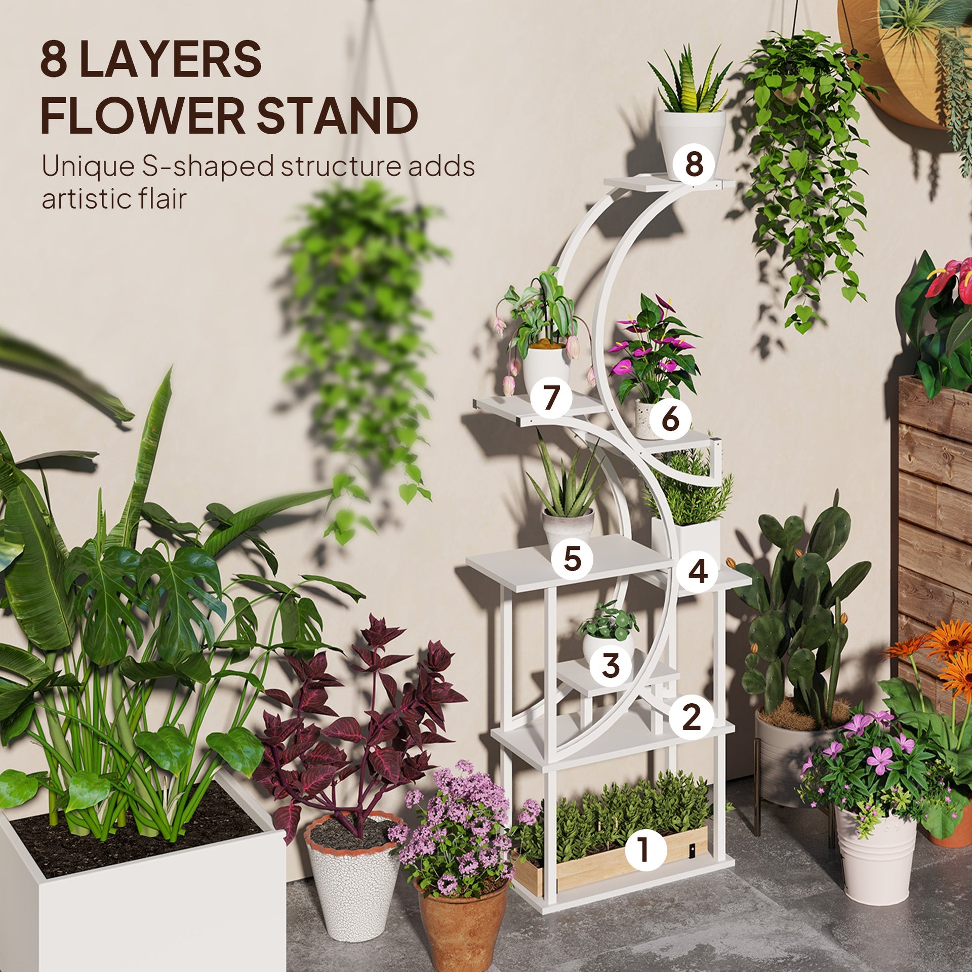 Outsunny Plant Stand Indoor, 8 Tier 62" S-Shaped Plant Shelf, Corner Plant Rack for Multiple Plants, White