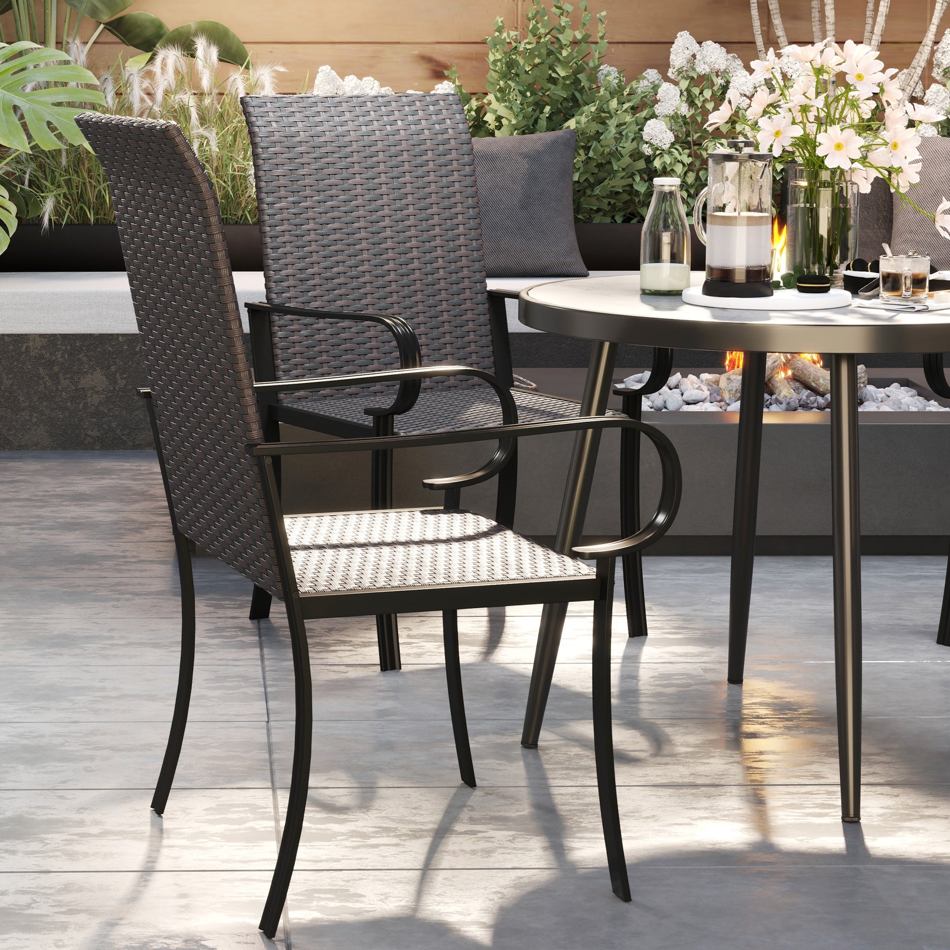 Outsunny Set of 4 Outdoor Wicker Dining Chairs with Armrest, Steel Frame, Highback and Deep Seating, Brown