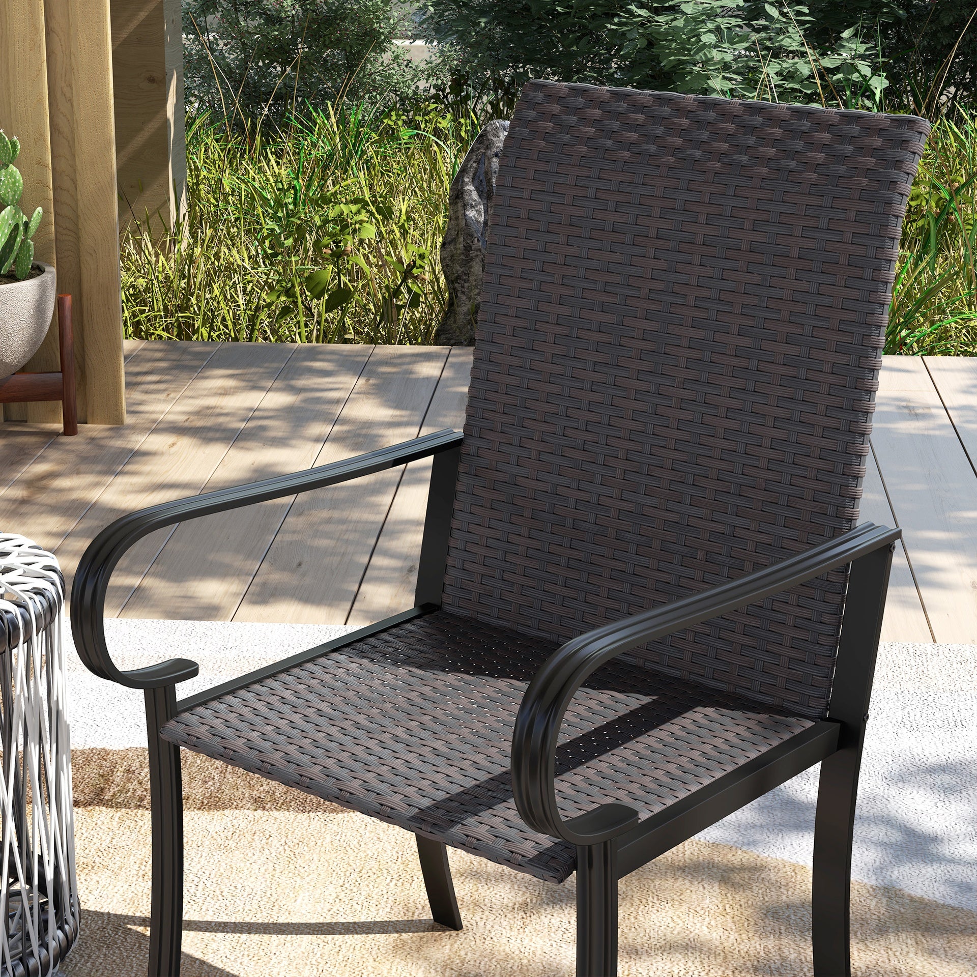 Outsunny Set of 4 Outdoor Wicker Dining Chairs with Armrest, Steel Frame, Highback and Deep Seating, Brown