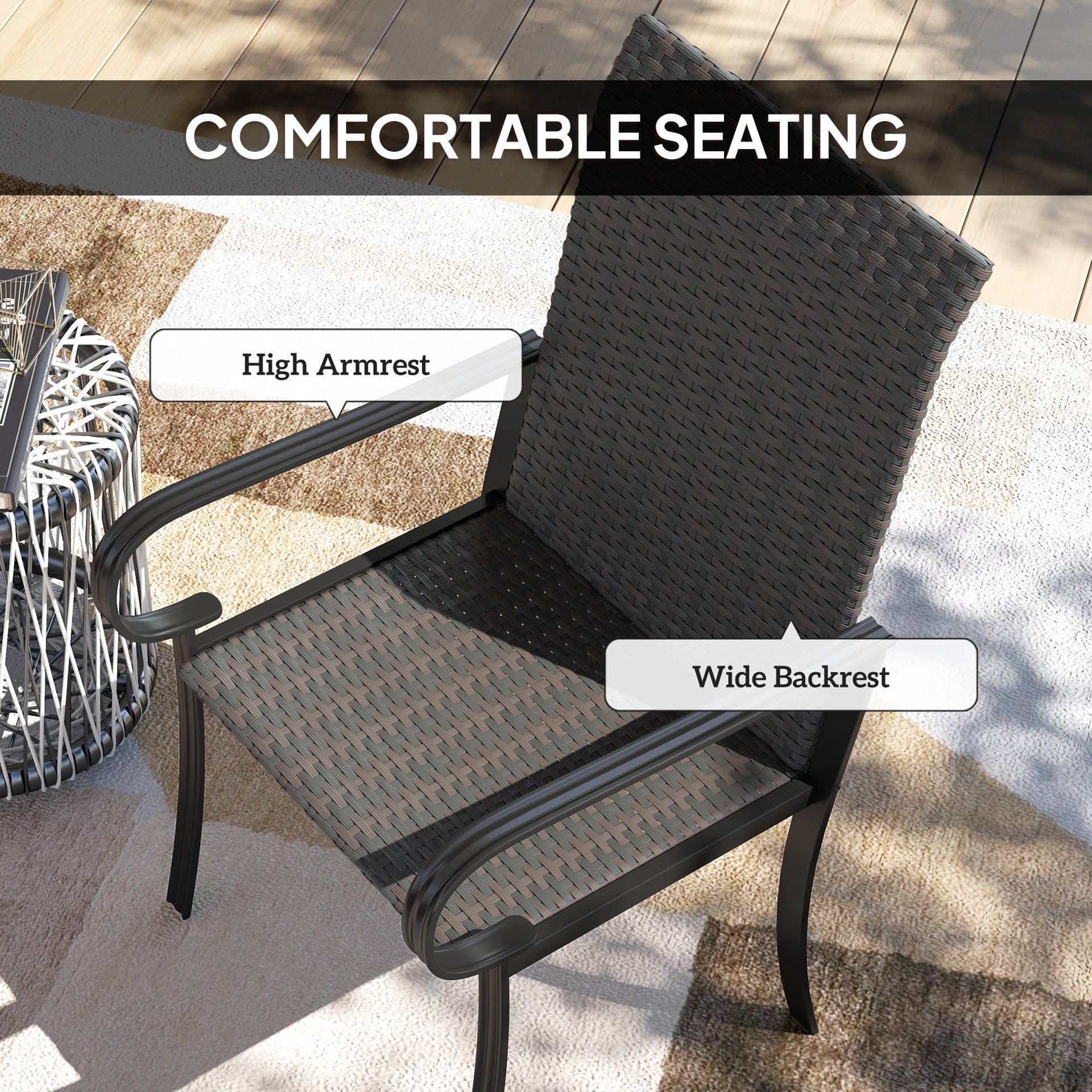 Outsunny Set of 4 Outdoor Wicker Dining Chairs with Armrest, Steel Frame, Highback and Deep Seating, Brown