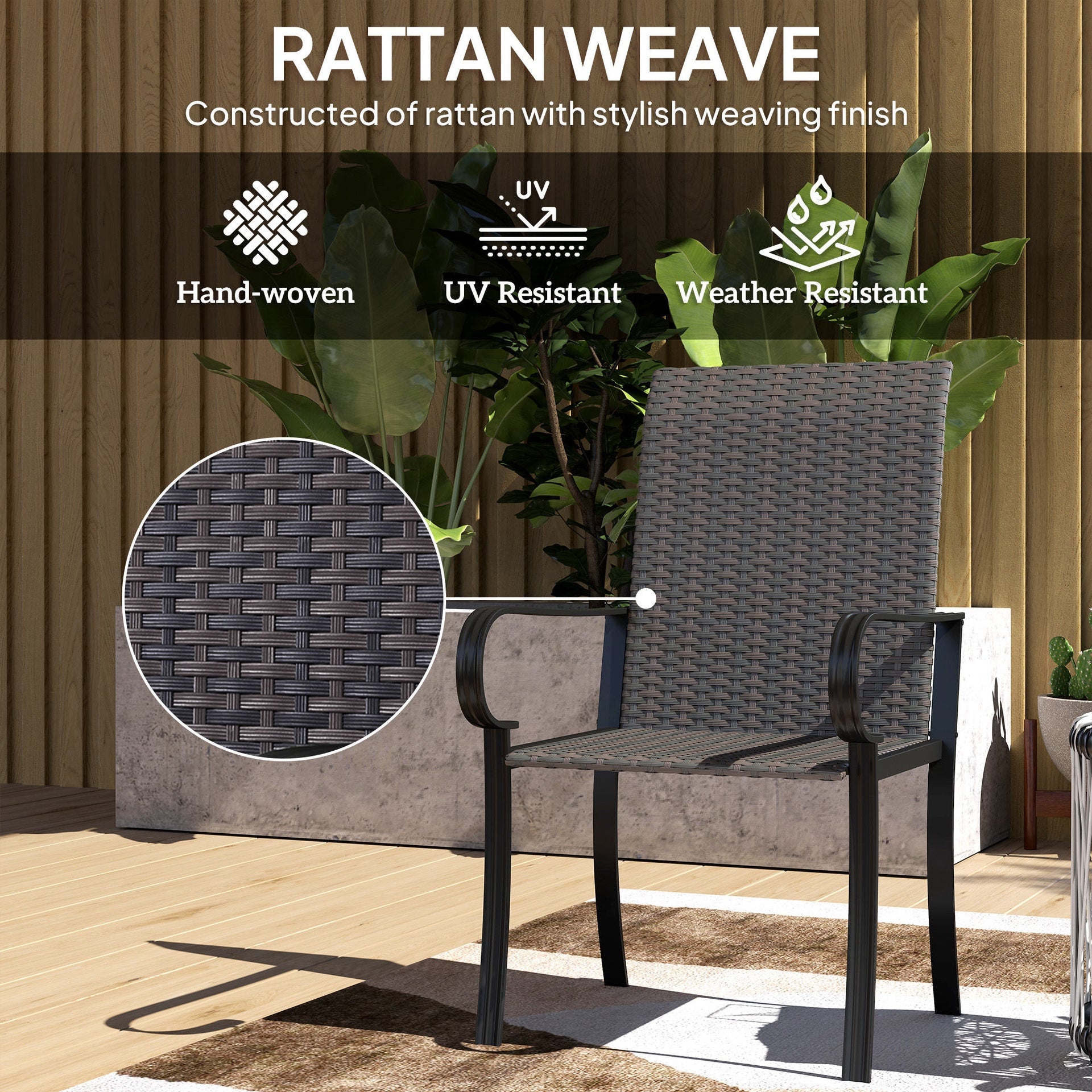 Outsunny Set of 4 Outdoor Wicker Dining Chairs with Armrest, Steel Frame, Highback and Deep Seating, Brown