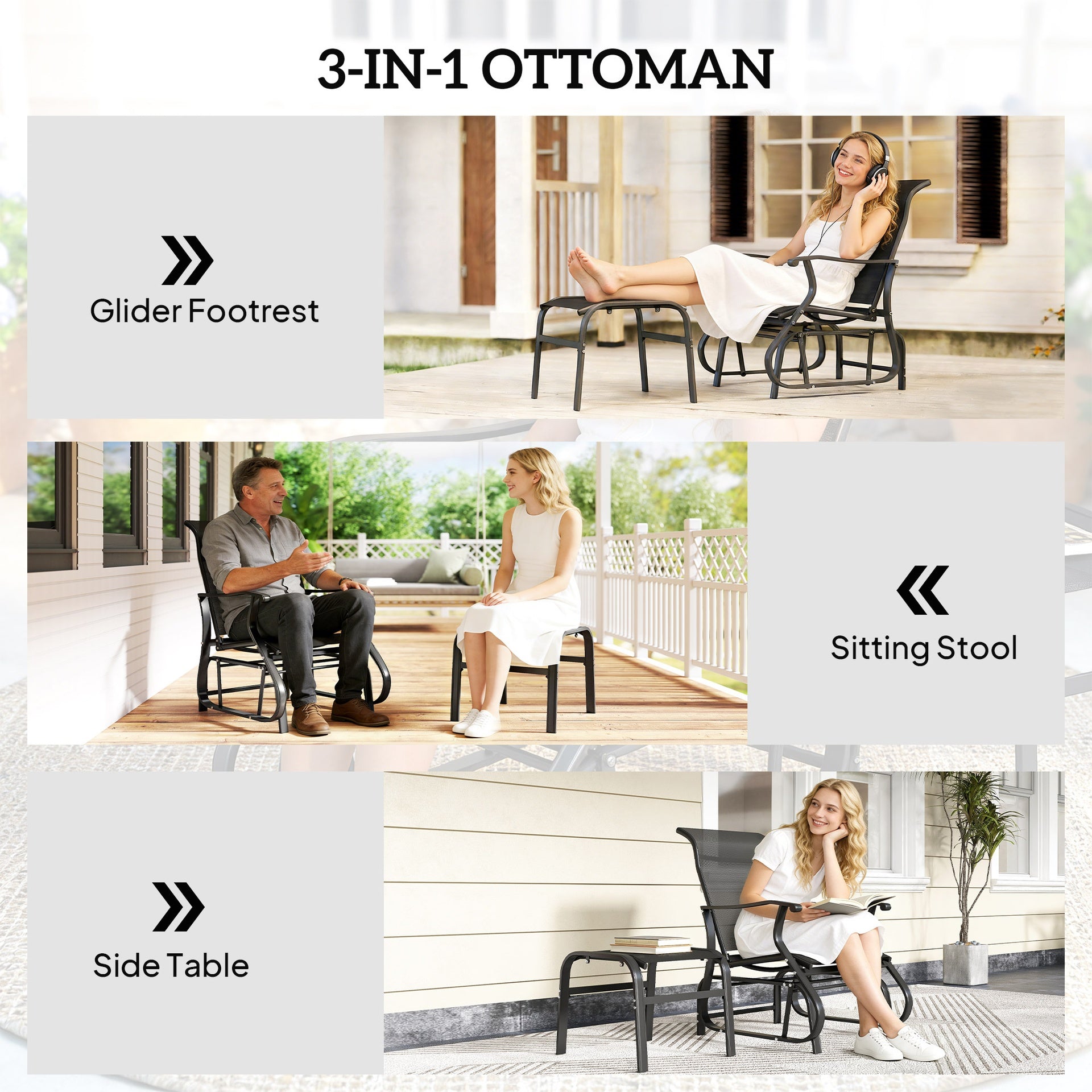 Outsunny Outdoor Glider with Ottoman, Patio Glider Chair Set with High Back, Wide Seat for Porch, Garden, Backyard, Black