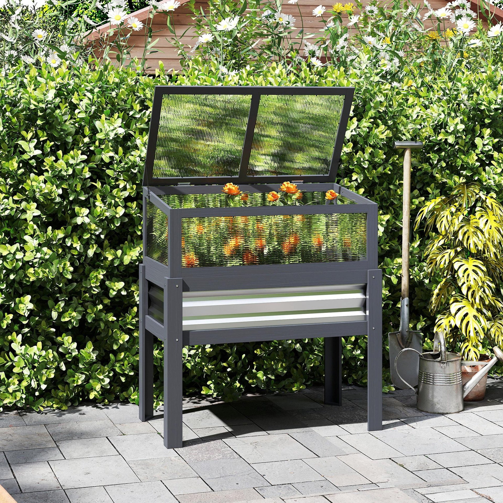 Outsunny Raised Garden Bed with Flip-Up Mini Greenhouse, Elevated Planter Box with Legs and Bed Liner for Flowers, Vegetables