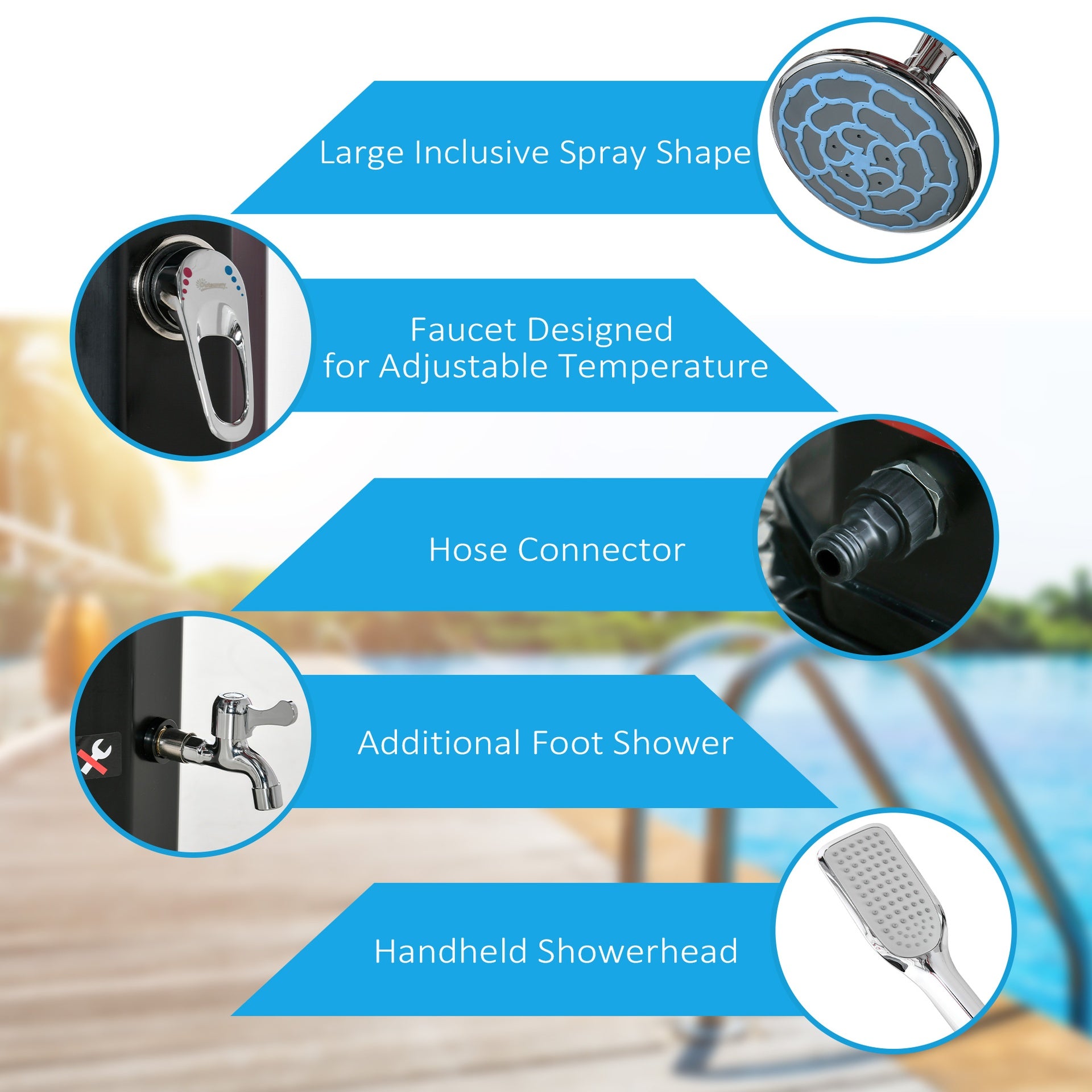 Outsunny 7' Outdoor Solar Heated Shower with 360 Rotating Rainfall & Handheld Shower Head, Foot Shower Faucet, Temperature and Pressure Adjustable, Holds 9.2 Gallons for Backyard Pool