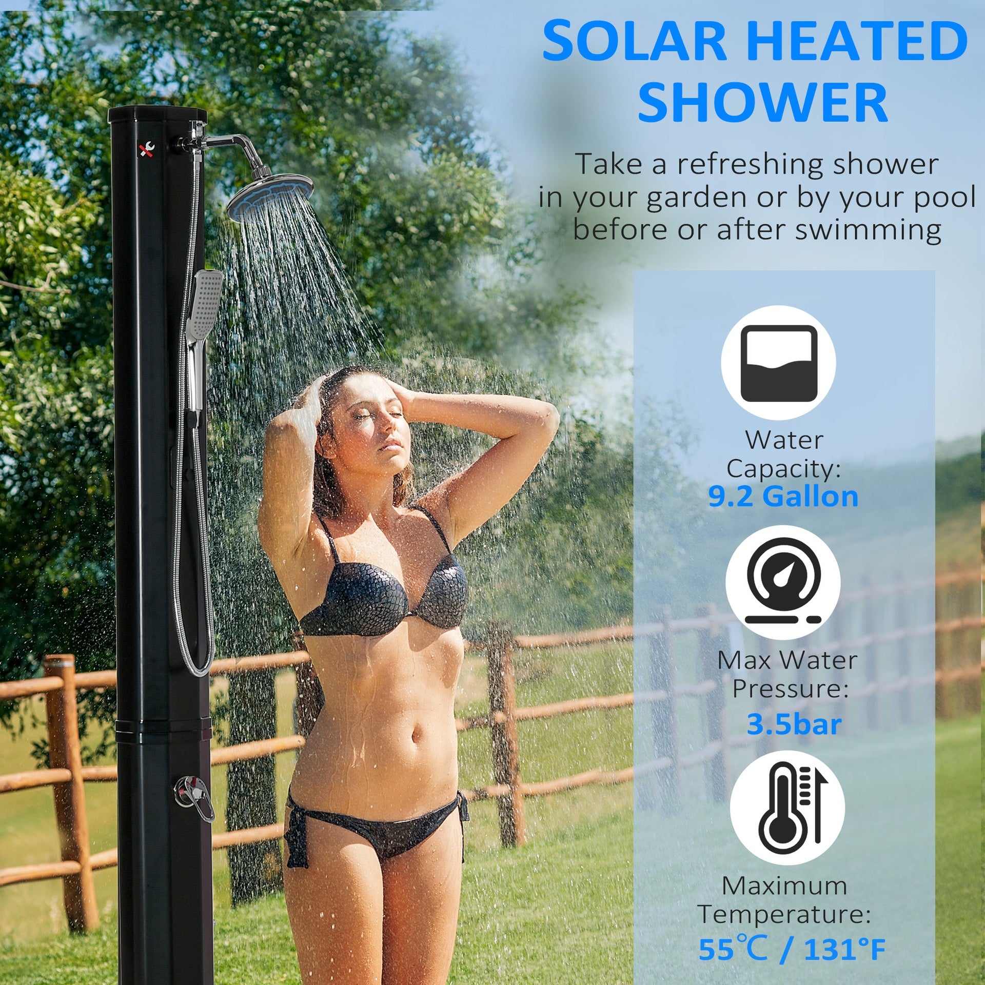Outsunny 7' Outdoor Solar Heated Shower with 360 Rotating Rainfall & Handheld Shower Head, Foot Shower Faucet, Temperature and Pressure Adjustable, Holds 9.2 Gallons for Backyard Pool