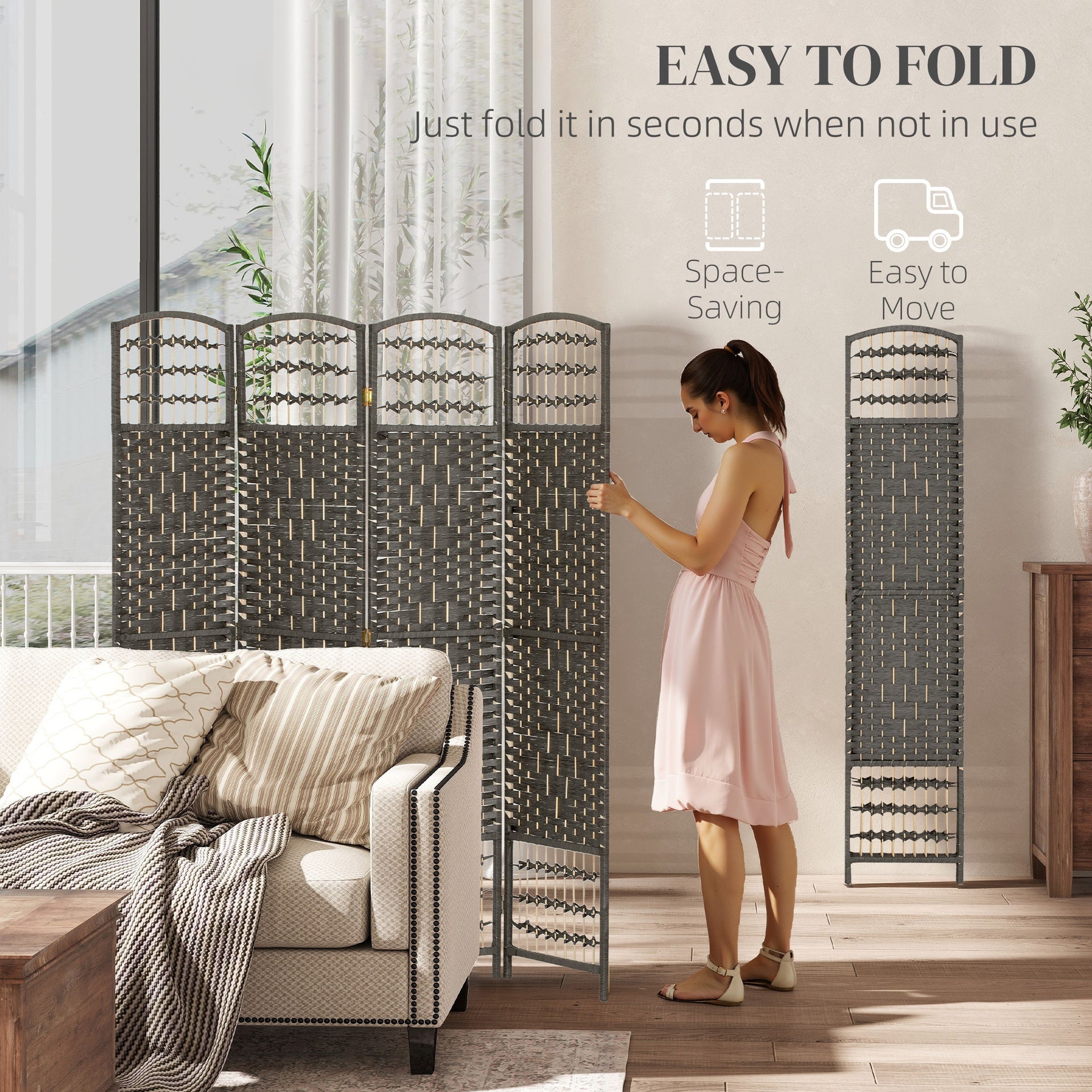 HOMCOM 4 Panel Room Divider, Folding Screen, 5.6', Dark Gray