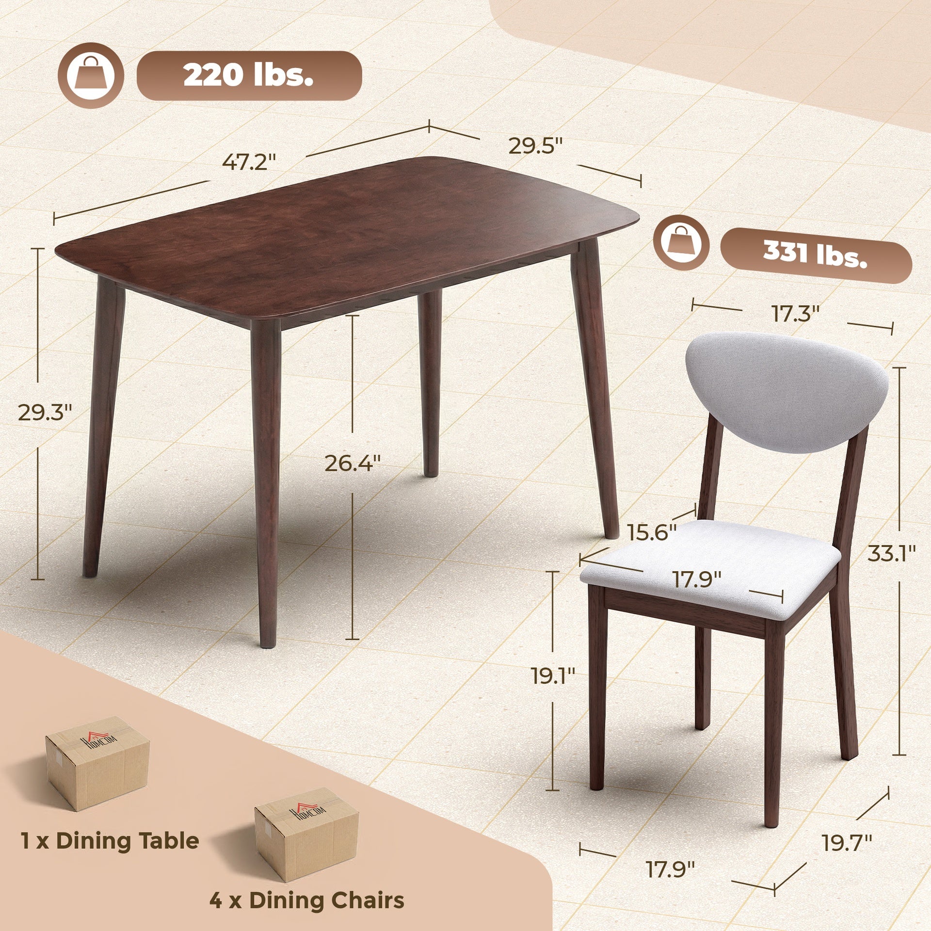 HOMCOM 5-Piece Dining Table Set for 4, Mid-Century Modern Kitchen Table and Chairs, Light Gray
