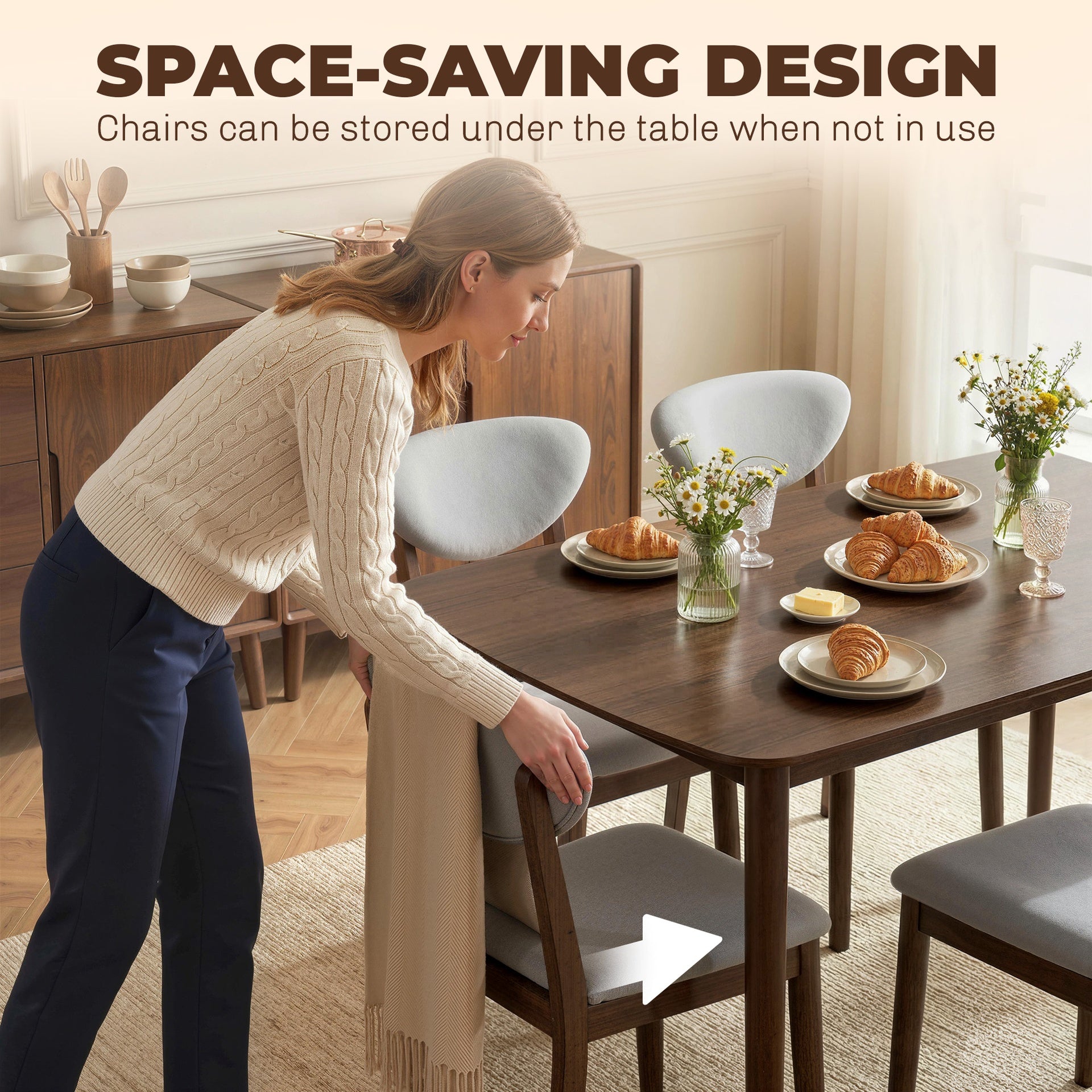 HOMCOM 5-Piece Dining Table Set for 4, Mid-Century Modern Kitchen Table and Chairs, Light Gray