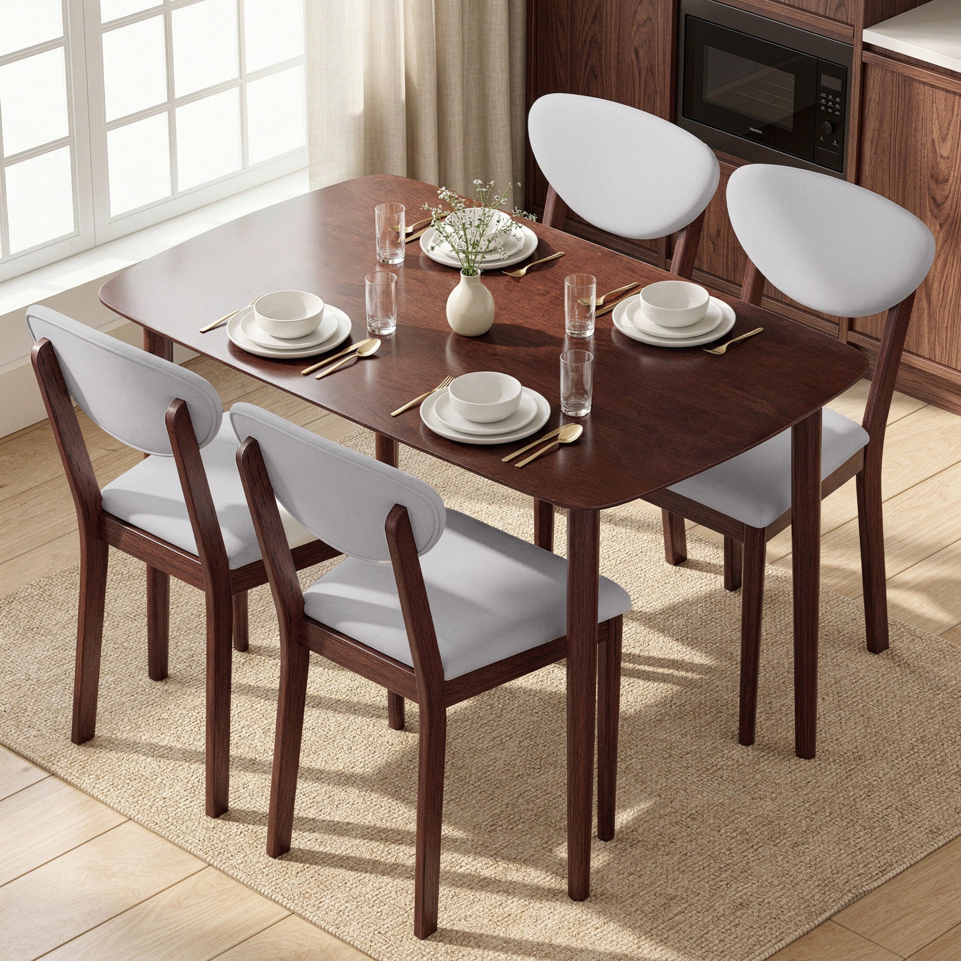 HOMCOM 5-Piece Dining Table Set for 4, Mid-Century Modern Kitchen Table and Chairs, Light Gray