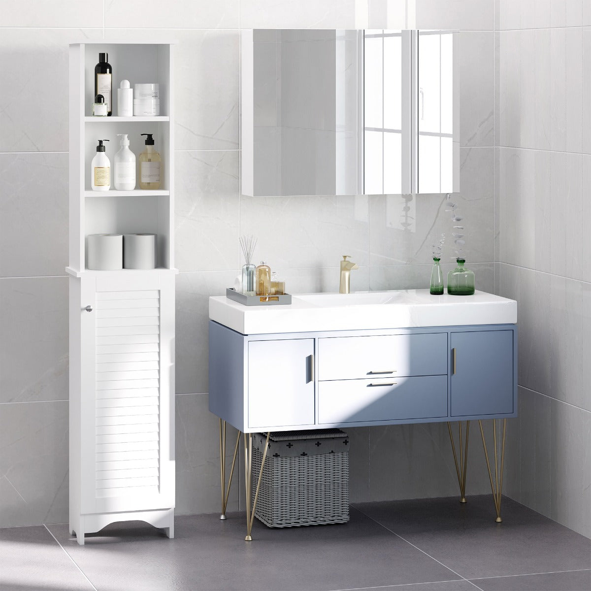 HOMCOM Tall Bathroom Storage Cabinet/Freestanding Linen Tower with 3-Tier Open Adjustable Shelf and Cupboard, White
