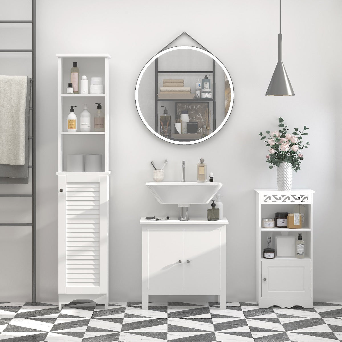 HOMCOM Tall Bathroom Storage Cabinet/Freestanding Linen Tower with 3-Tier Open Adjustable Shelf and Cupboard, White