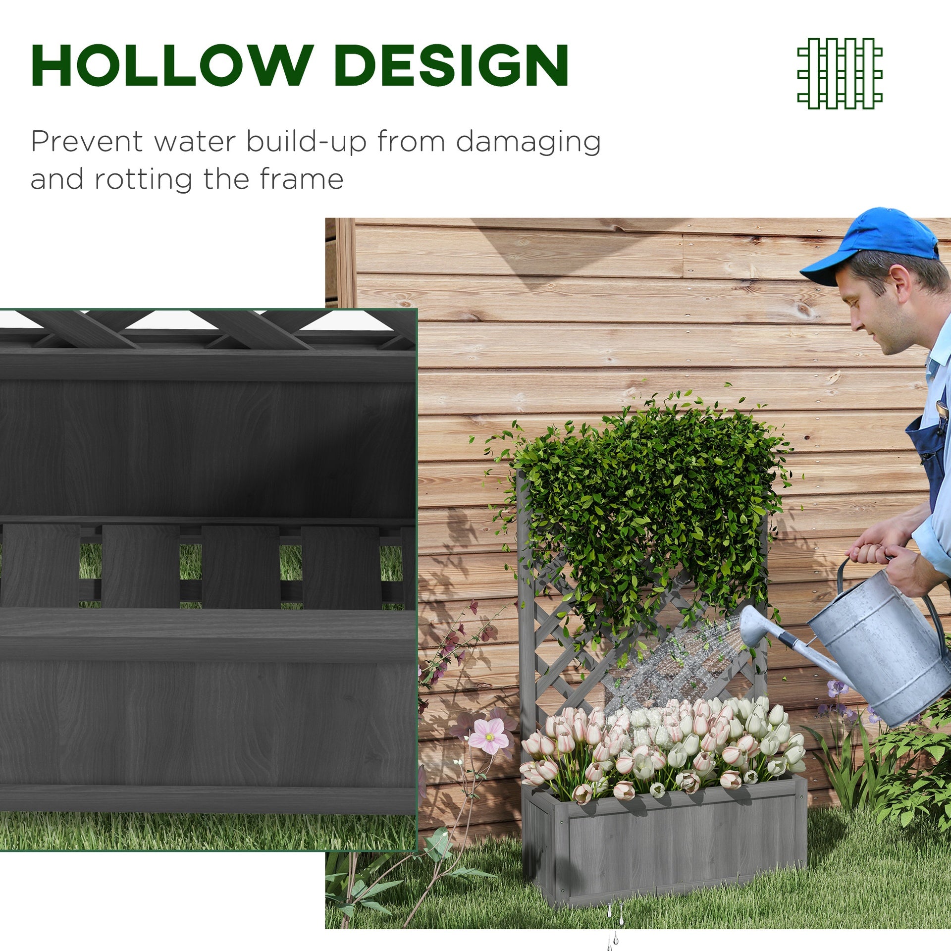 Outsunny 46" Wooden Planter with Trellis, Raised Garden Bed to Grow Vegetables, Herbs, Flowers for Backyard, Patio, Gray
