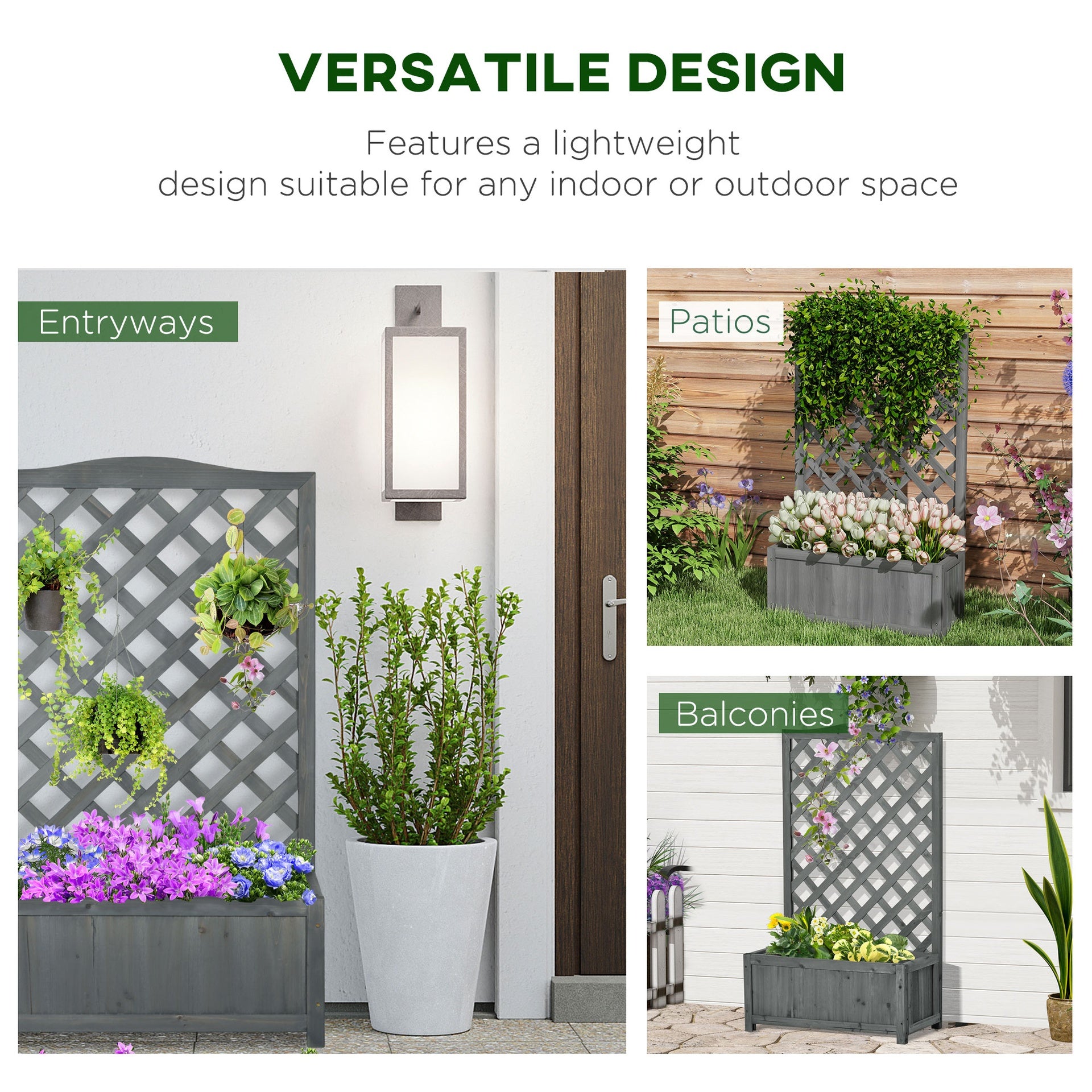 Outsunny 46" Wooden Planter with Trellis, Raised Garden Bed to Grow Vegetables, Herbs, Flowers for Backyard, Patio, Gray