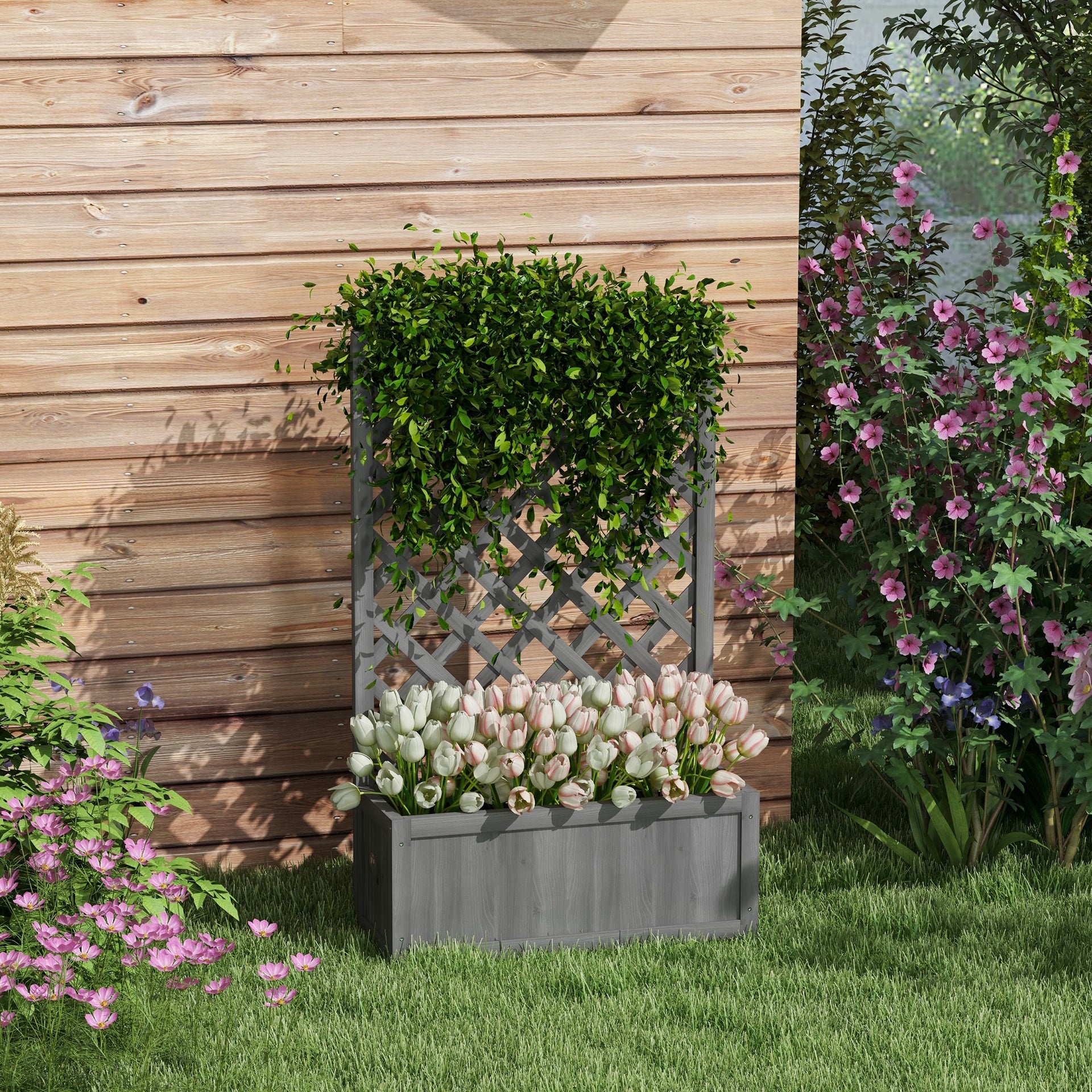Outsunny 46" Wooden Planter with Trellis, Raised Garden Bed to Grow Vegetables, Herbs, Flowers for Backyard, Patio, Gray