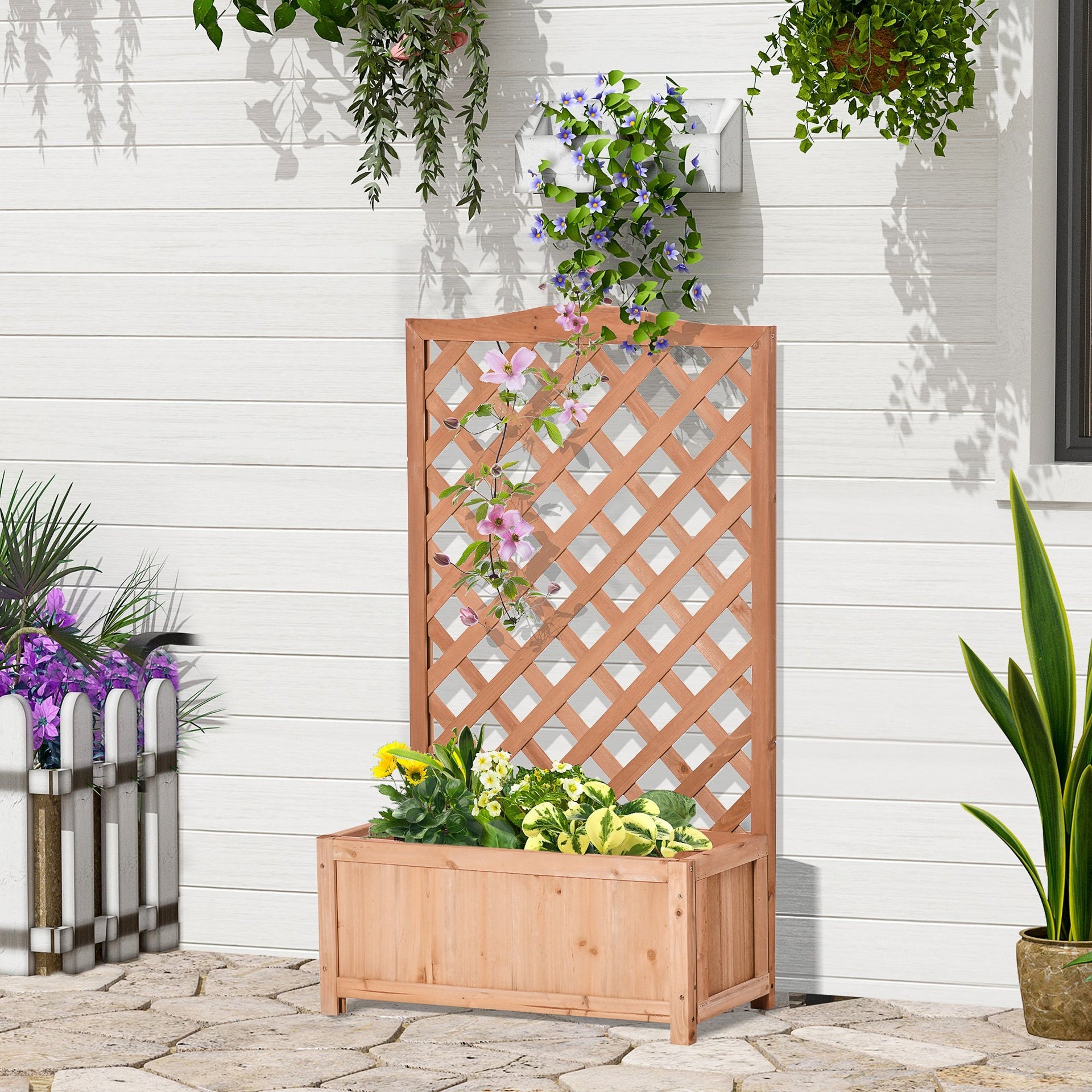 Outsunny 28" x 11" x 46" Raised Garden Bed, Wooden Planter Box w/ Trellis, Brown