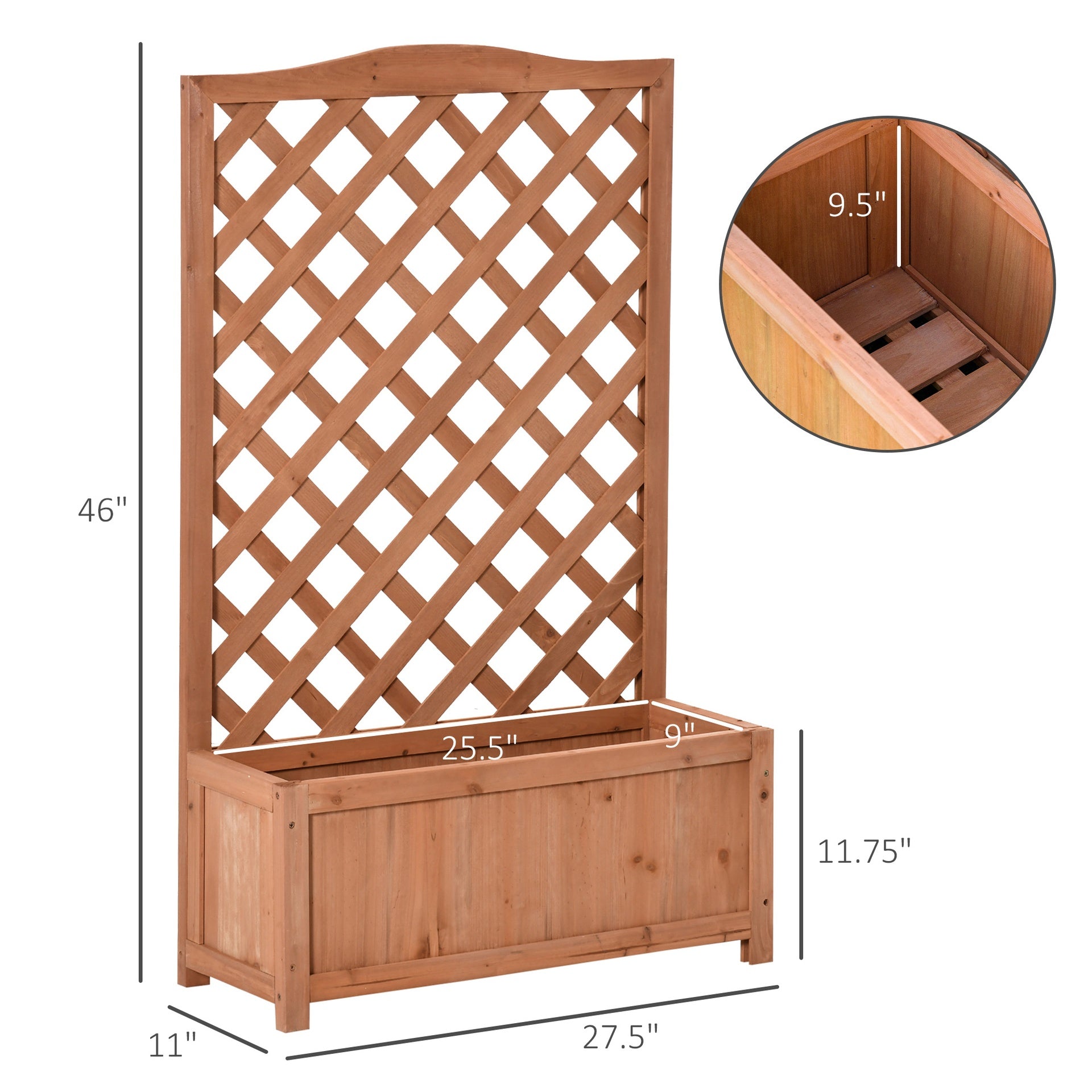 Outsunny 28" x 11" x 46" Raised Garden Bed, Wooden Planter Box w/ Trellis, Brown