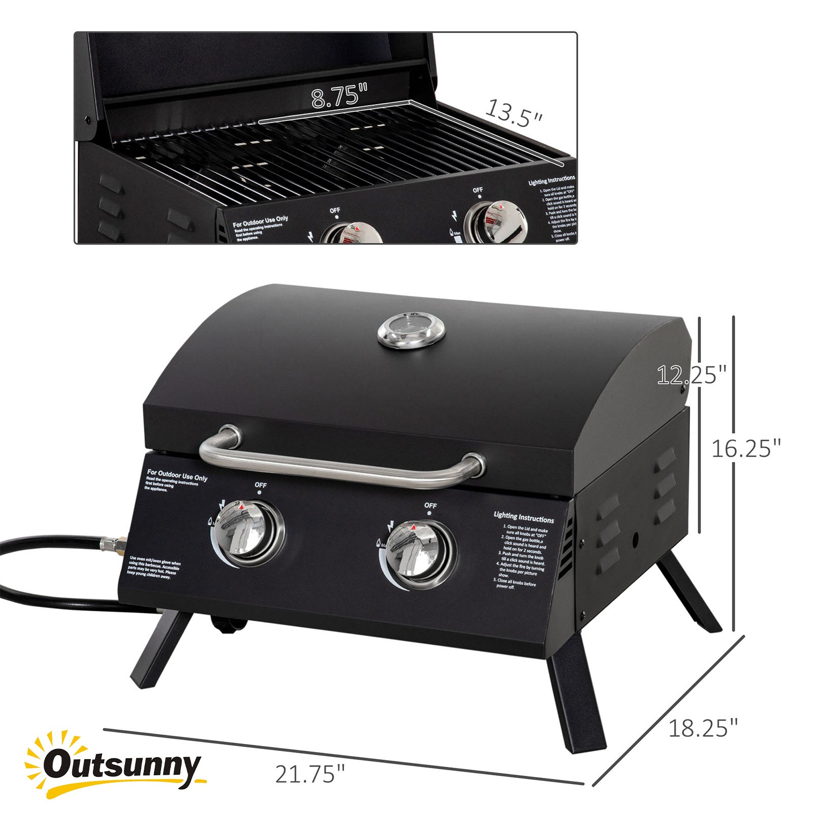 Outsunny 21.75" Charcoal BBQ, Portable Grill with 2 Burners, Heat-Resistant Handle, Folding Legs, Removable Ashtray, Thermometer, Carbon Steel, for Outdoor Cooking, Camping, Black