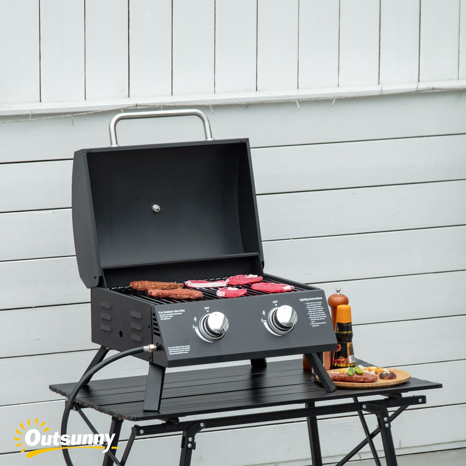 Outsunny 21.75" Charcoal BBQ, Portable Grill with 2 Burners, Heat-Resistant Handle, Folding Legs, Removable Ashtray, Thermometer, Carbon Steel, for Outdoor Cooking, Camping, Black