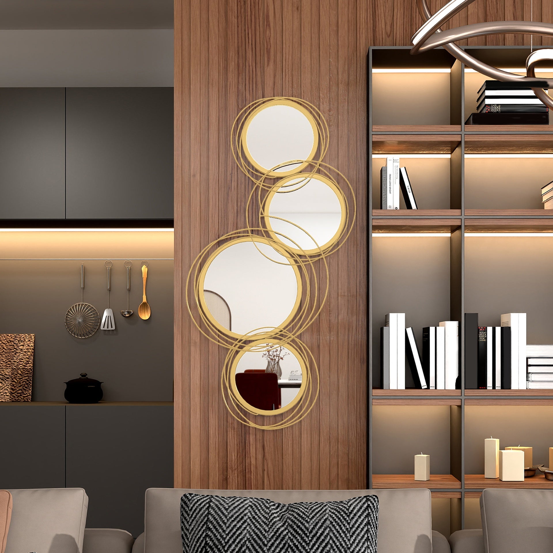 HOMCOM 42.25" Circle Mirror for Wall, Modern Metal Wall Art for Living Room, Bedroom and Dining Room, Gold