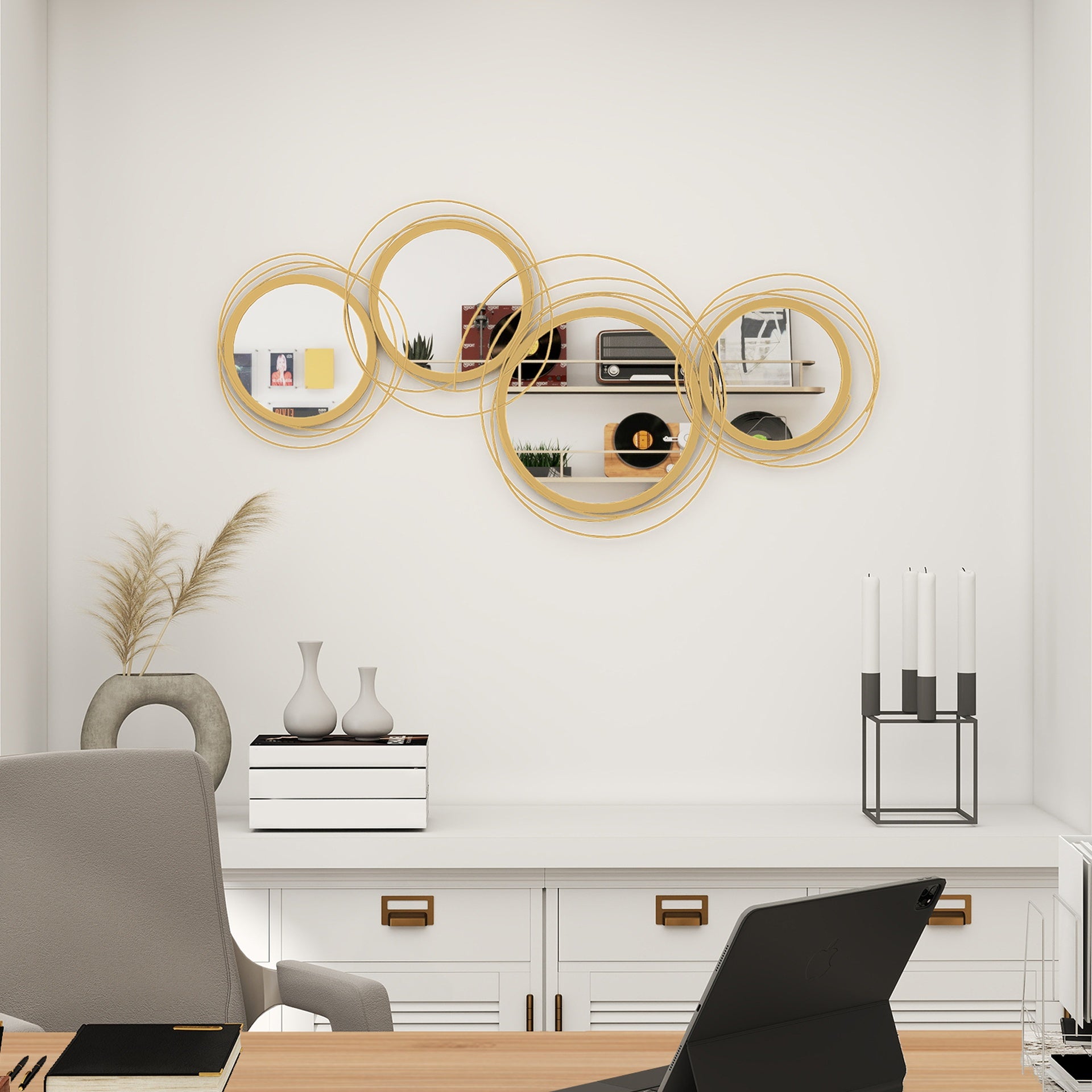 HOMCOM 42.25" Circle Mirror for Wall, Modern Metal Wall Art for Living Room, Bedroom and Dining Room, Gold