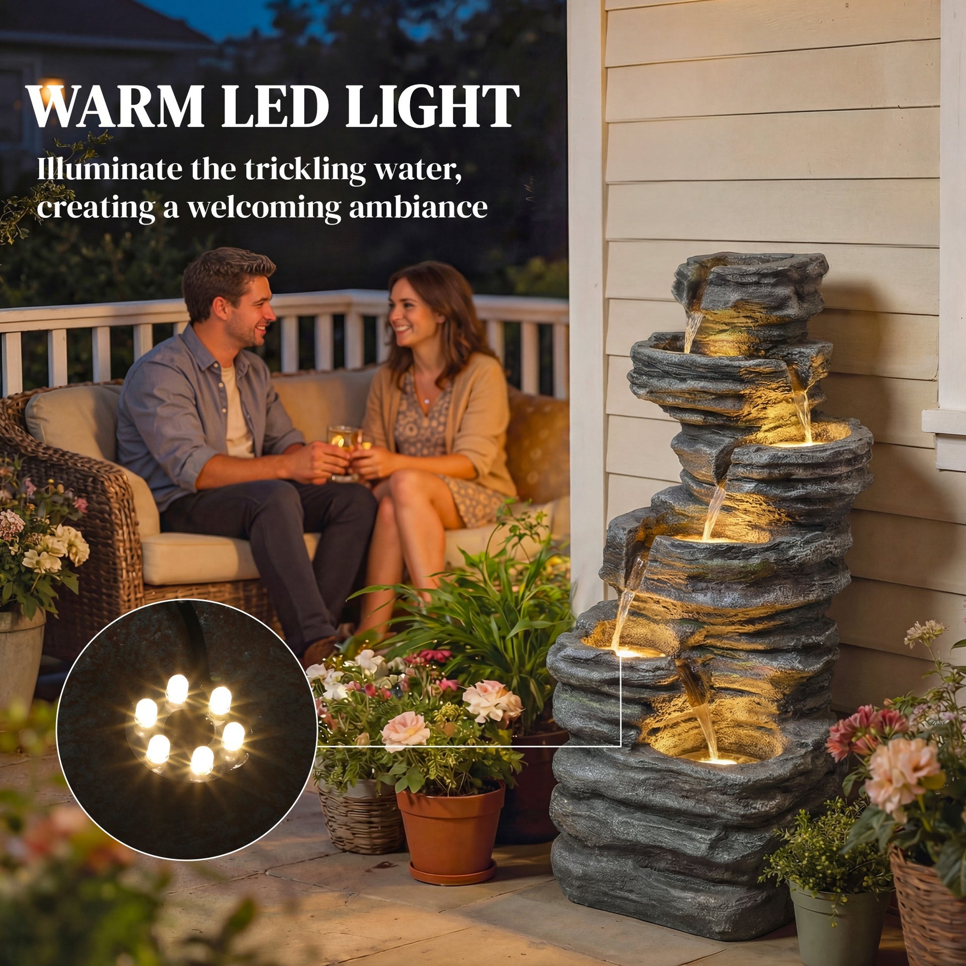 Outsunny 40" Tall Outdoor Waterfall Fountain with LED Lights, 6-Tier Cascading Waterfall Feature, Resin Garden Fountain, Gray