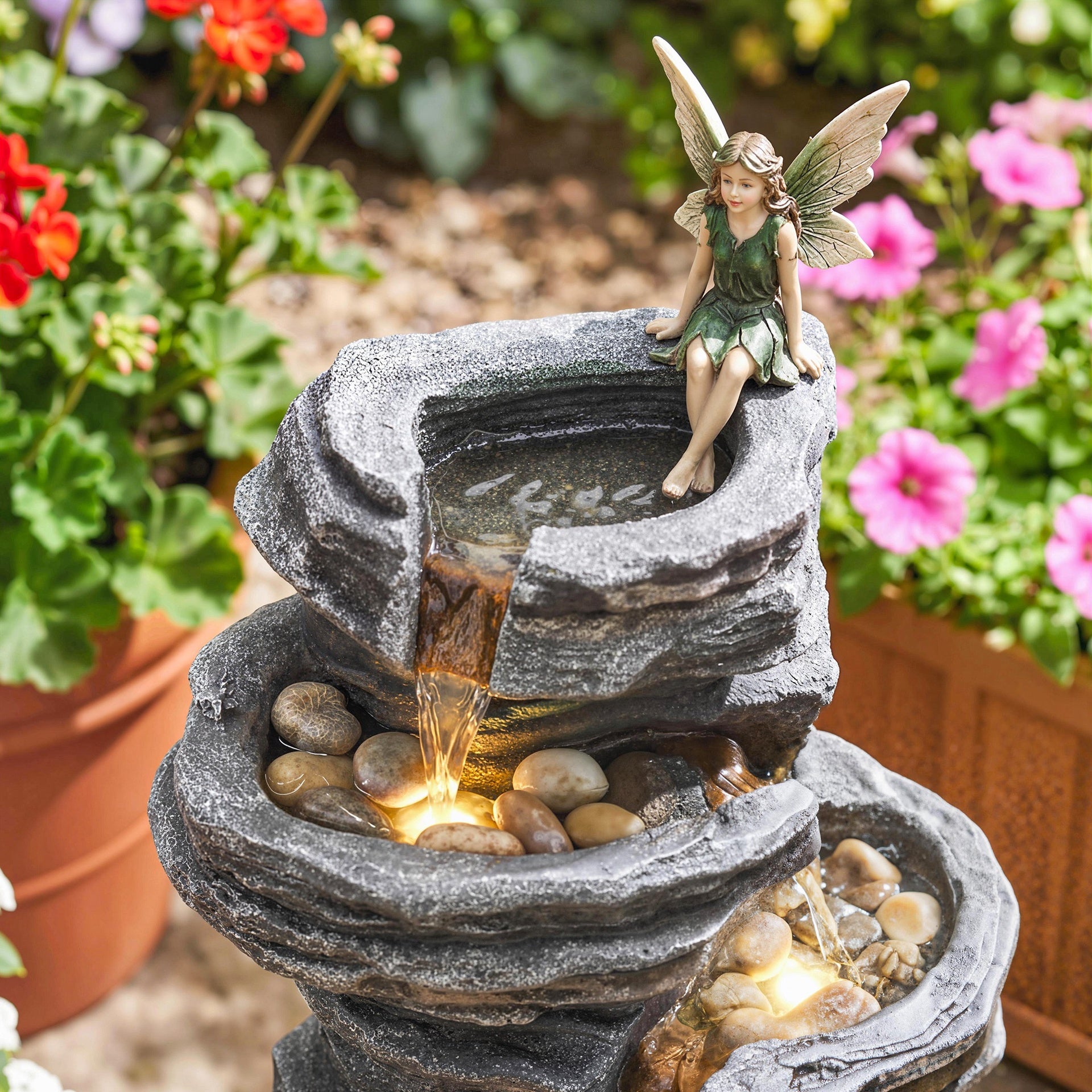 Outsunny 40" Tall Outdoor Waterfall Fountain with LED Lights, 6-Tier Cascading Waterfall Feature, Resin Garden Fountain, Gray