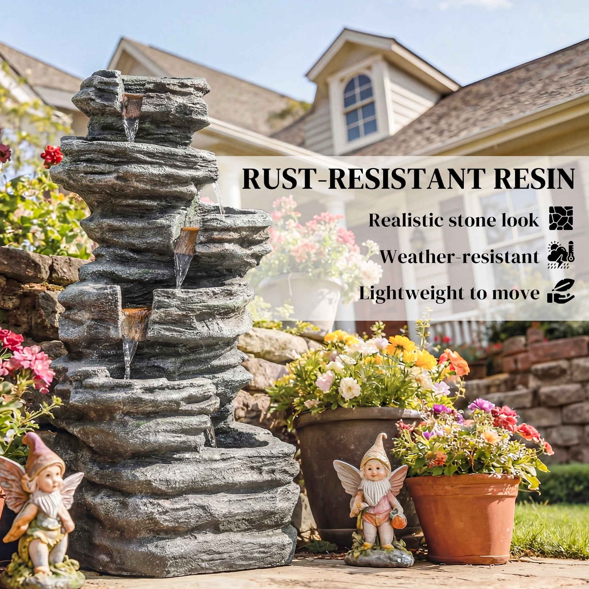 Outsunny 40" Tall Outdoor Waterfall Fountain with LED Lights, 6-Tier Cascading Waterfall Feature, Resin Garden Fountain, Gray