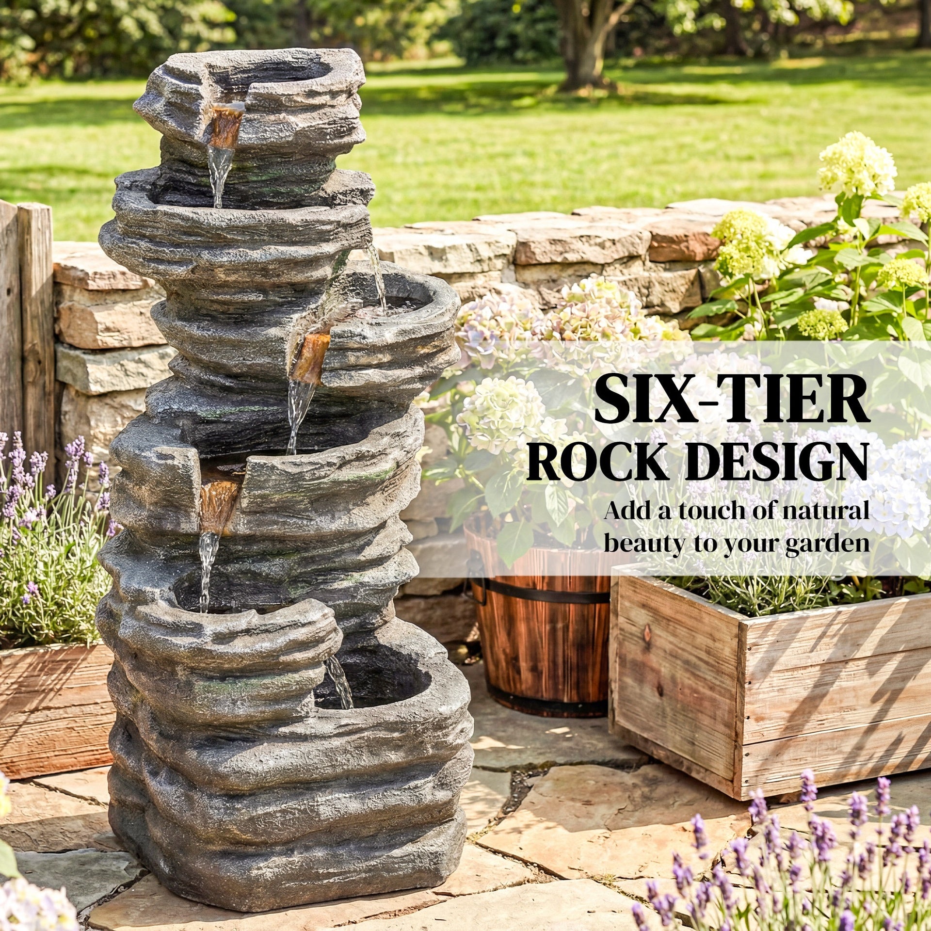 Outsunny 40" Tall Outdoor Waterfall Fountain with LED Lights, 6-Tier Cascading Waterfall Feature, Resin Garden Fountain, Gray