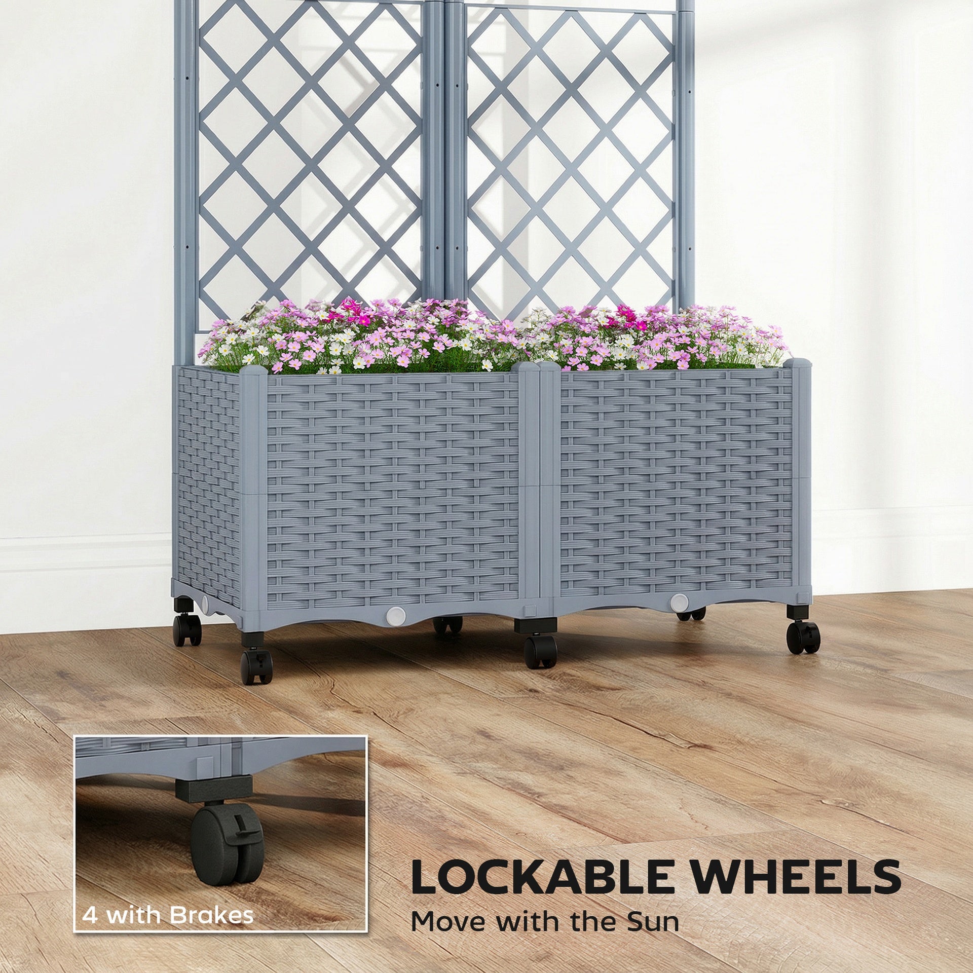 Outsunny Planter Box with Trellis, Self Watering Raised Garden Bed with Lockable Wheels and Drainage Holes, Gray