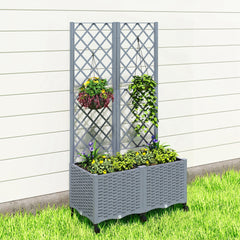 Outsunny Planter Box with Trellis, Self Watering Raised Garden Bed with Lockable Wheels and Drainage Holes, Gray