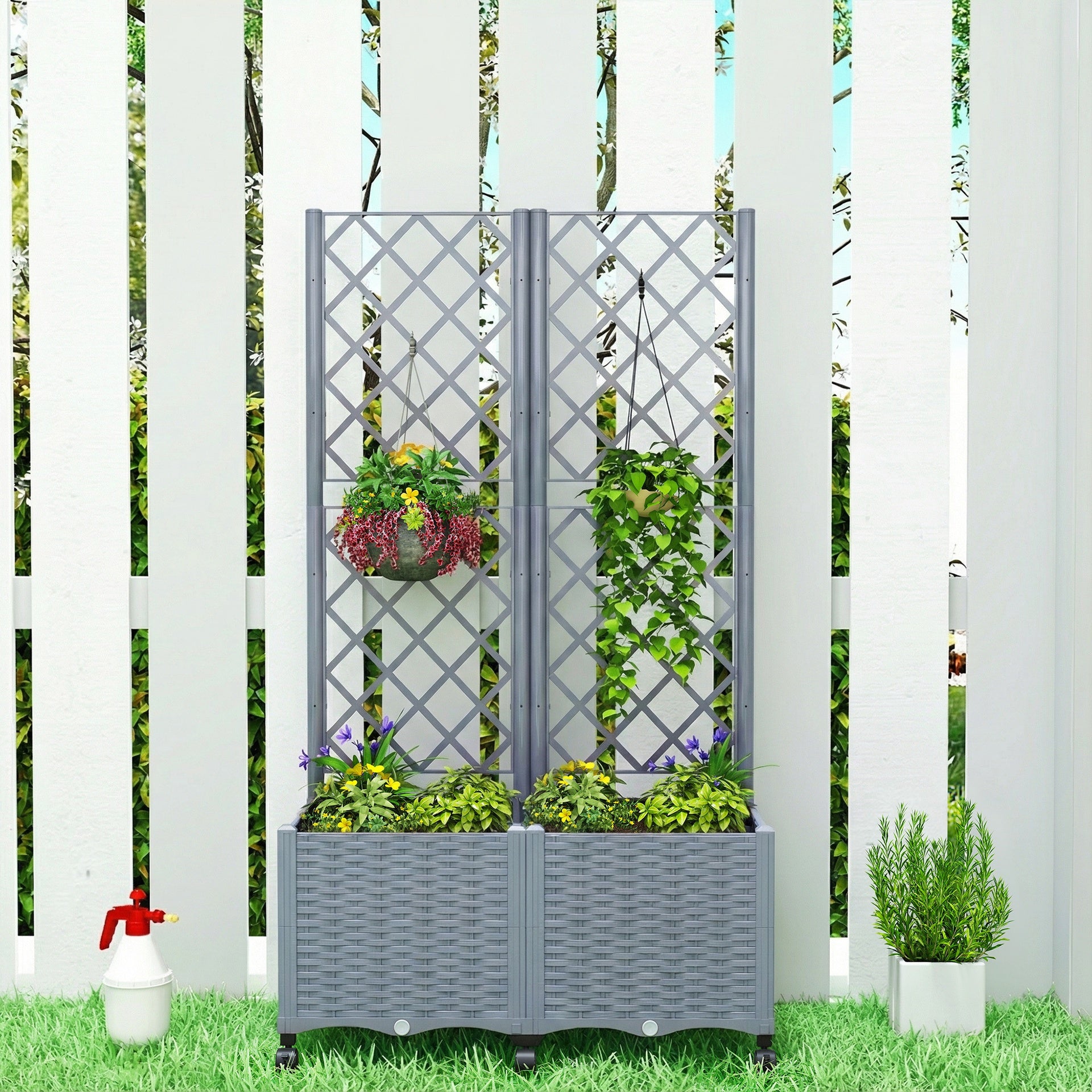 Outsunny Planter Box with Trellis, Self Watering Raised Garden Bed with Lockable Wheels and Drainage Holes, Gray