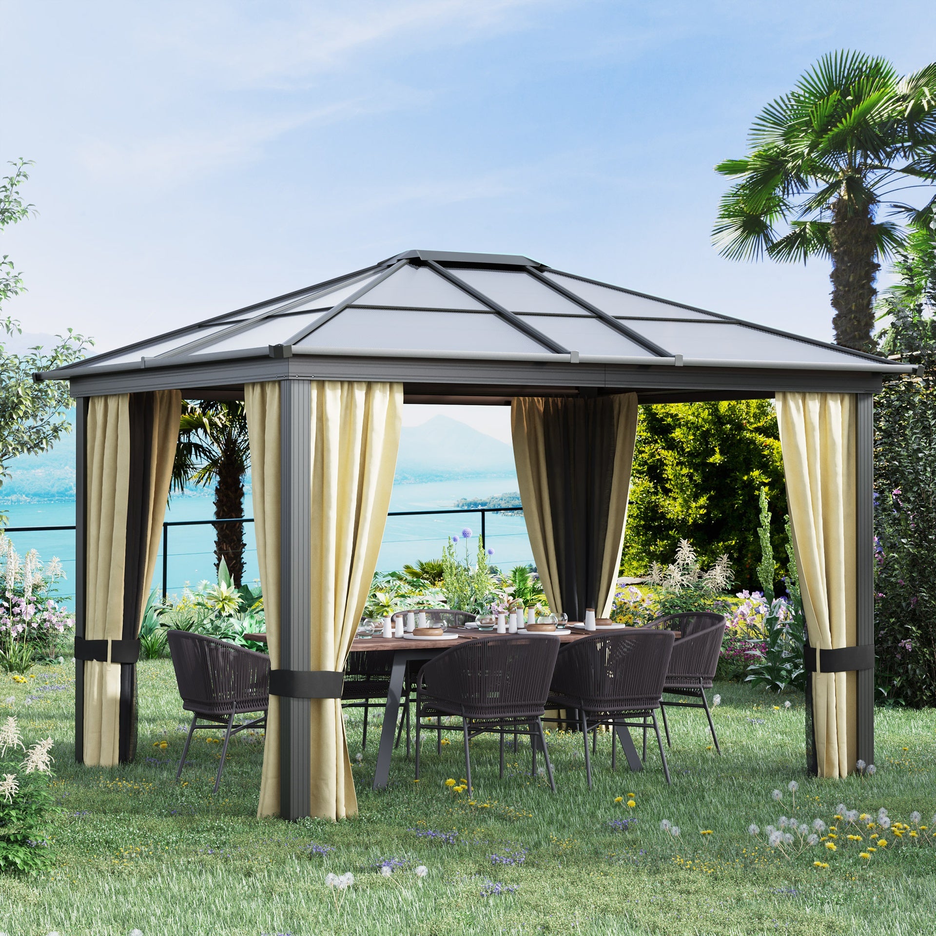 Outsunny 10' x 12' Hardtop Gazebo Canopy with Polycarbonate Roof, Aluminum Frame, Permanent Pavilion Outdoor Gazebo with Netting, for Patio, Garden, Backyard, Deck, Lawn, Black, Beige