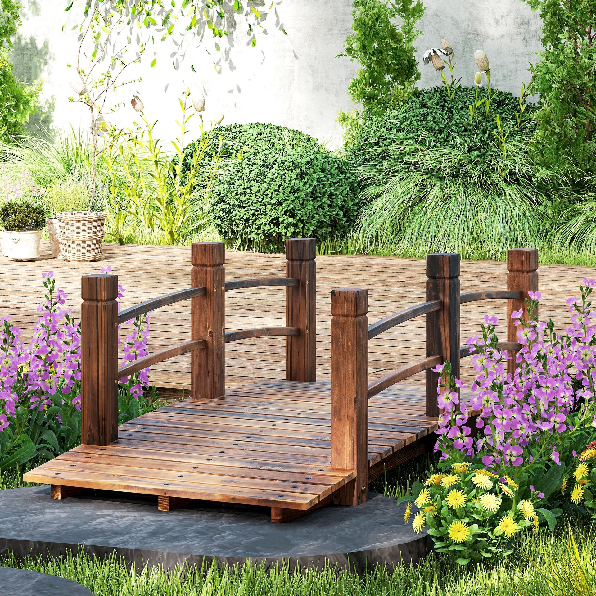 Outsunny Fir Wood Garden Bridge Arc Walkway with Side Railings for Backyards, Gardens, and Streams, Stained Wood, 60" x 26.5" x 19"