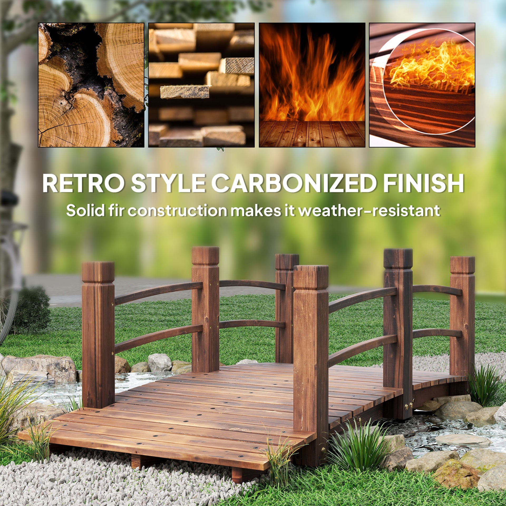Outsunny Fir Wood Garden Bridge Arc Walkway with Side Railings for Backyards, Gardens, and Streams, Stained Wood, 60" x 26.5" x 19"