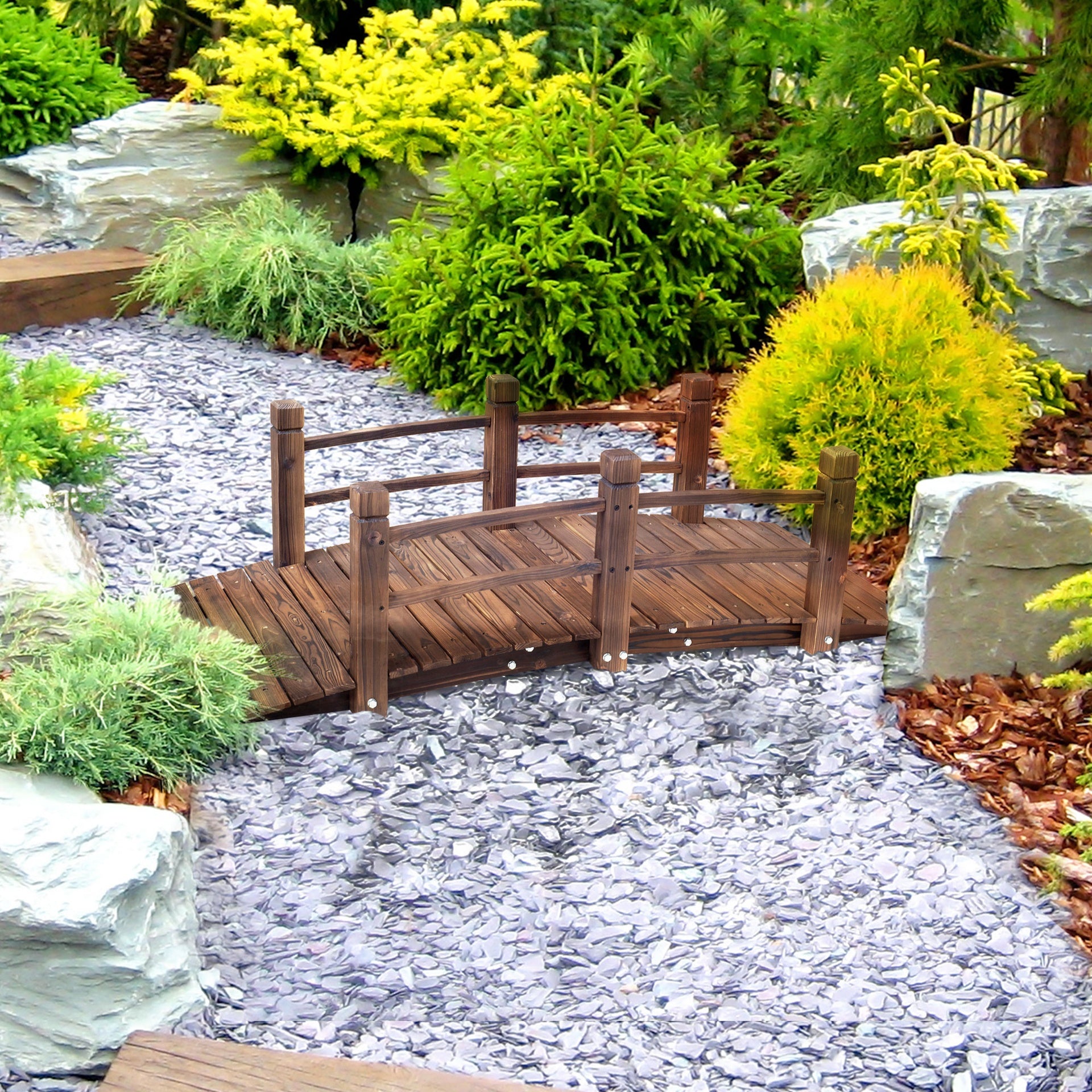 Outsunny Fir Wood Garden Bridge Arc Walkway with Side Railings for Backyards, Gardens, and Streams, Stained Wood, 60" x 26.5" x 19"
