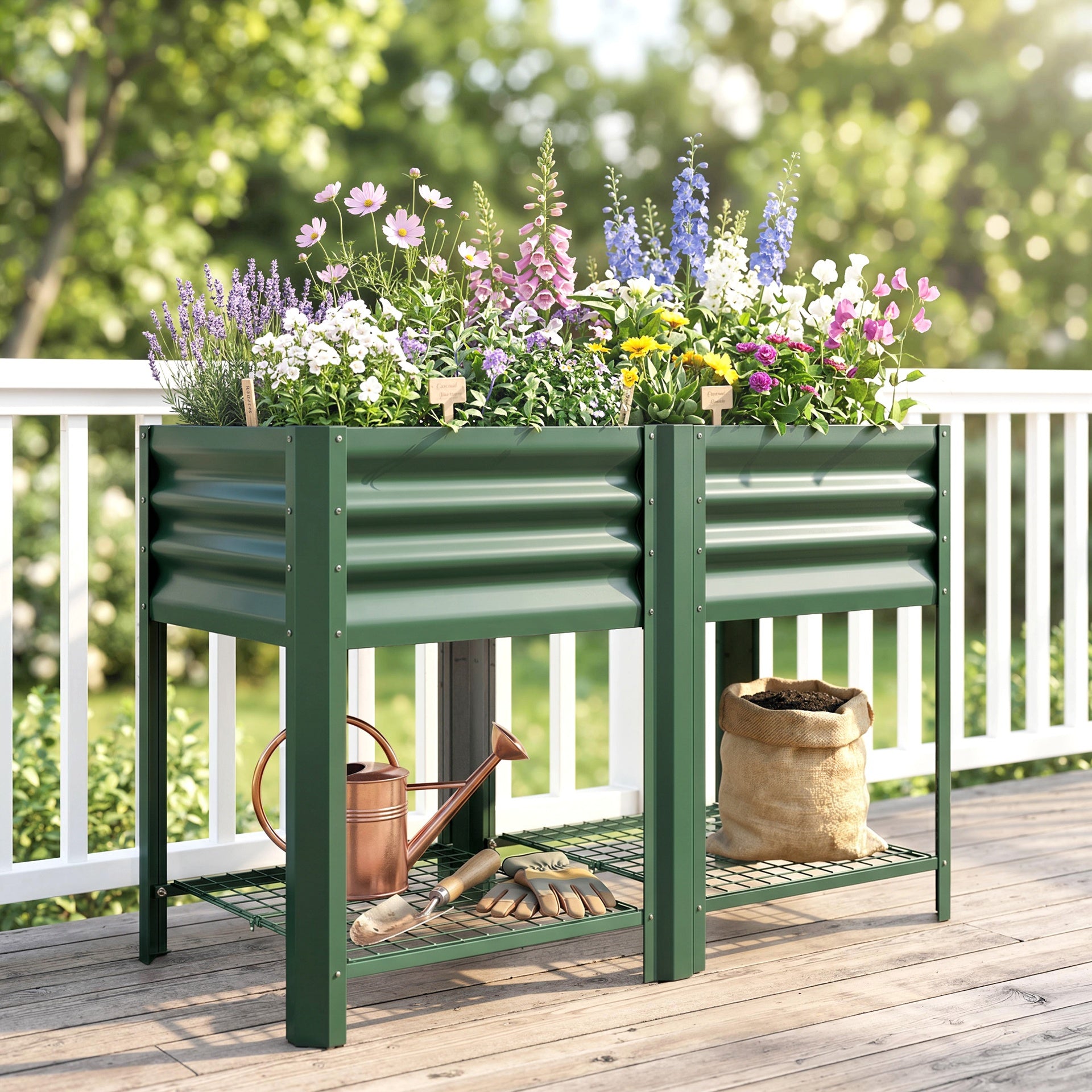 Outsunny Raised Garden Bed Galvanized Steel, Elevated Planter Box with Storage Shelf, Bed Liner, 31.5" High, Green