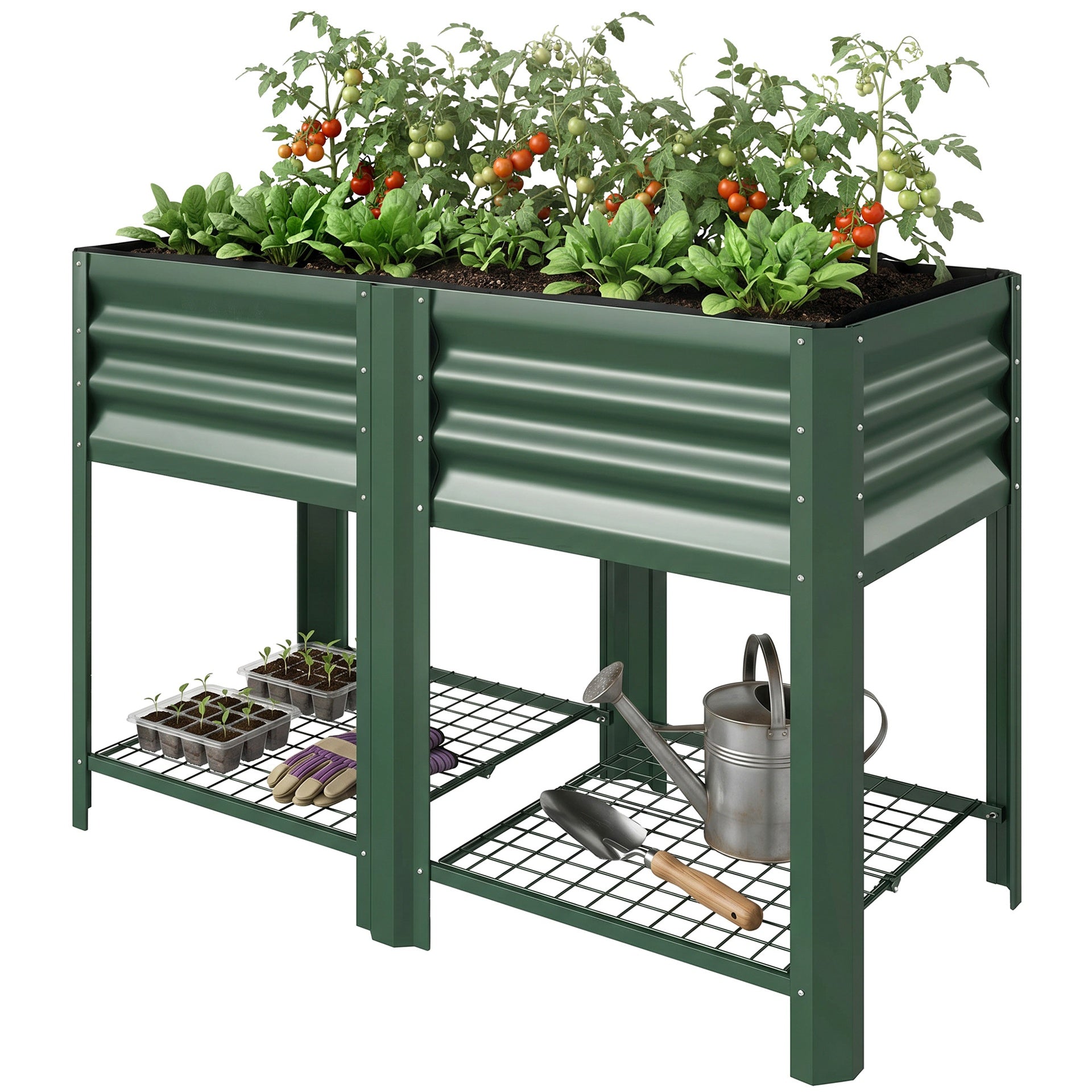Outsunny Raised Garden Bed Galvanized Steel, Elevated Planter Box with Storage Shelf, Bed Liner, 31.5" High, Green