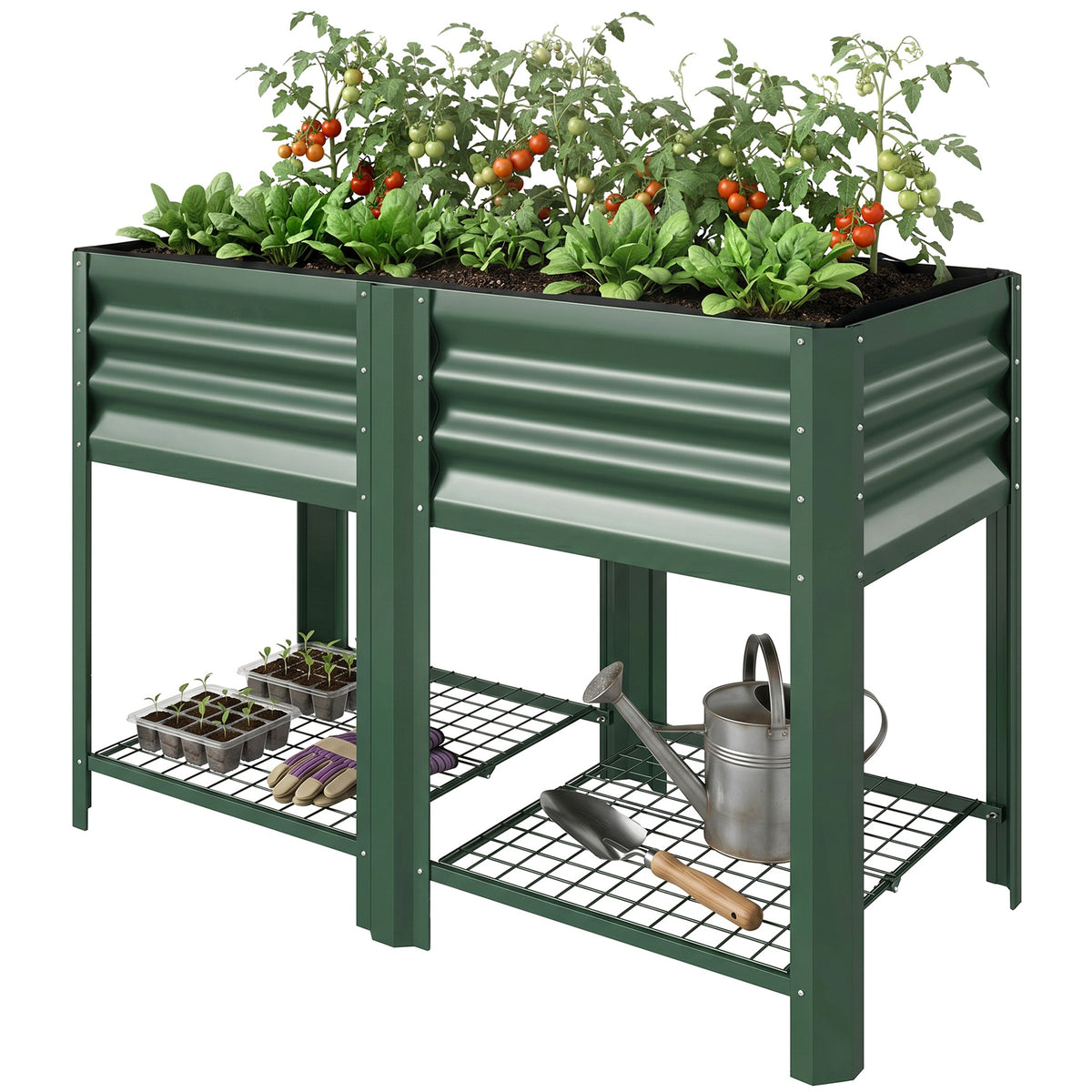 Outsunny Raised Garden Bed Galvanized Steel, Elevated Planter Box with Storage Shelf, Bed Liner, 31.5" High, Green