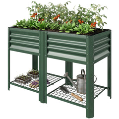 Outsunny Raised Garden Bed Galvanized Steel, Elevated Planter Box with Storage Shelf, Bed Liner, 31.5" High, Green