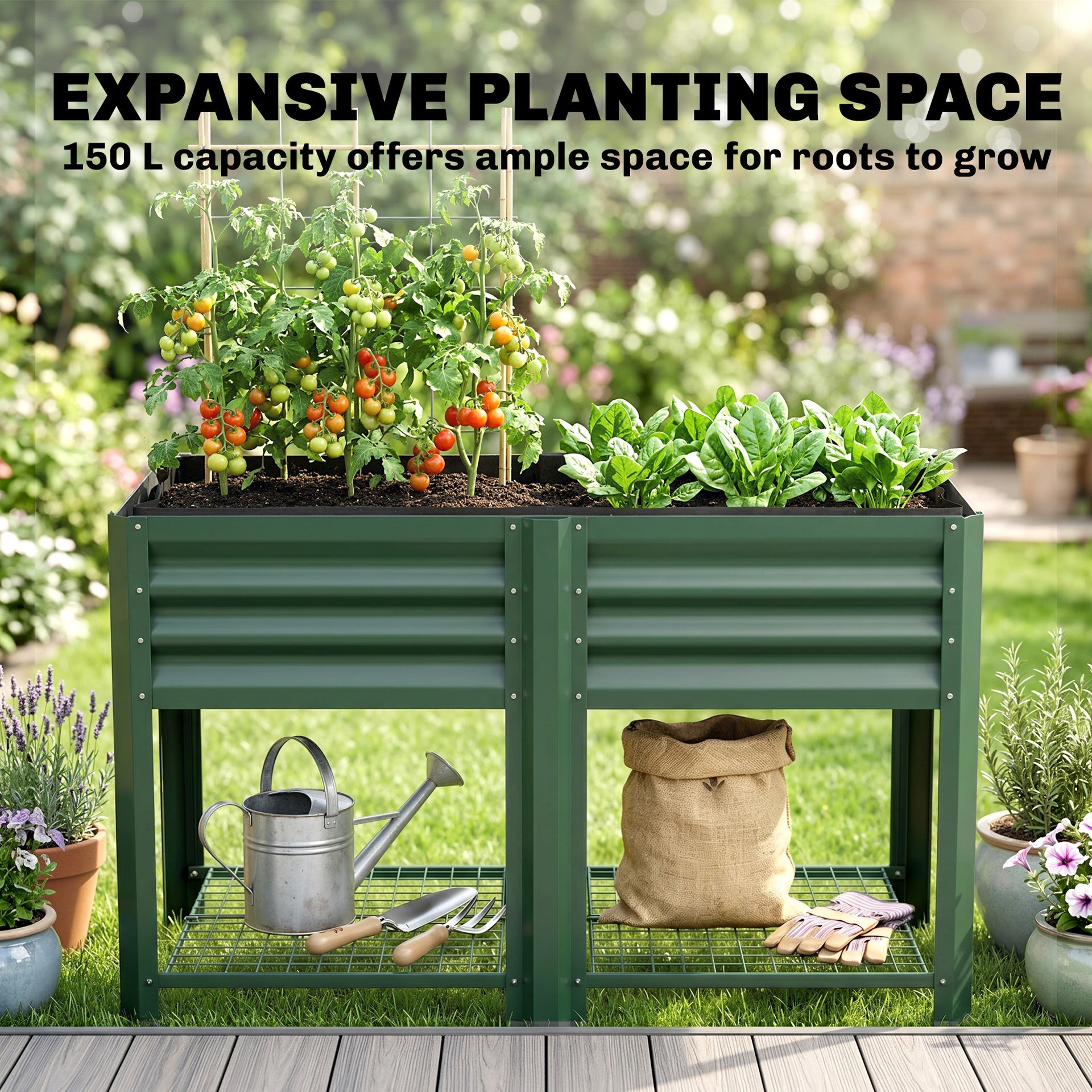 Outsunny Raised Garden Bed Galvanized Steel, Elevated Planter Box with Storage Shelf, Bed Liner, 31.5" High, Green