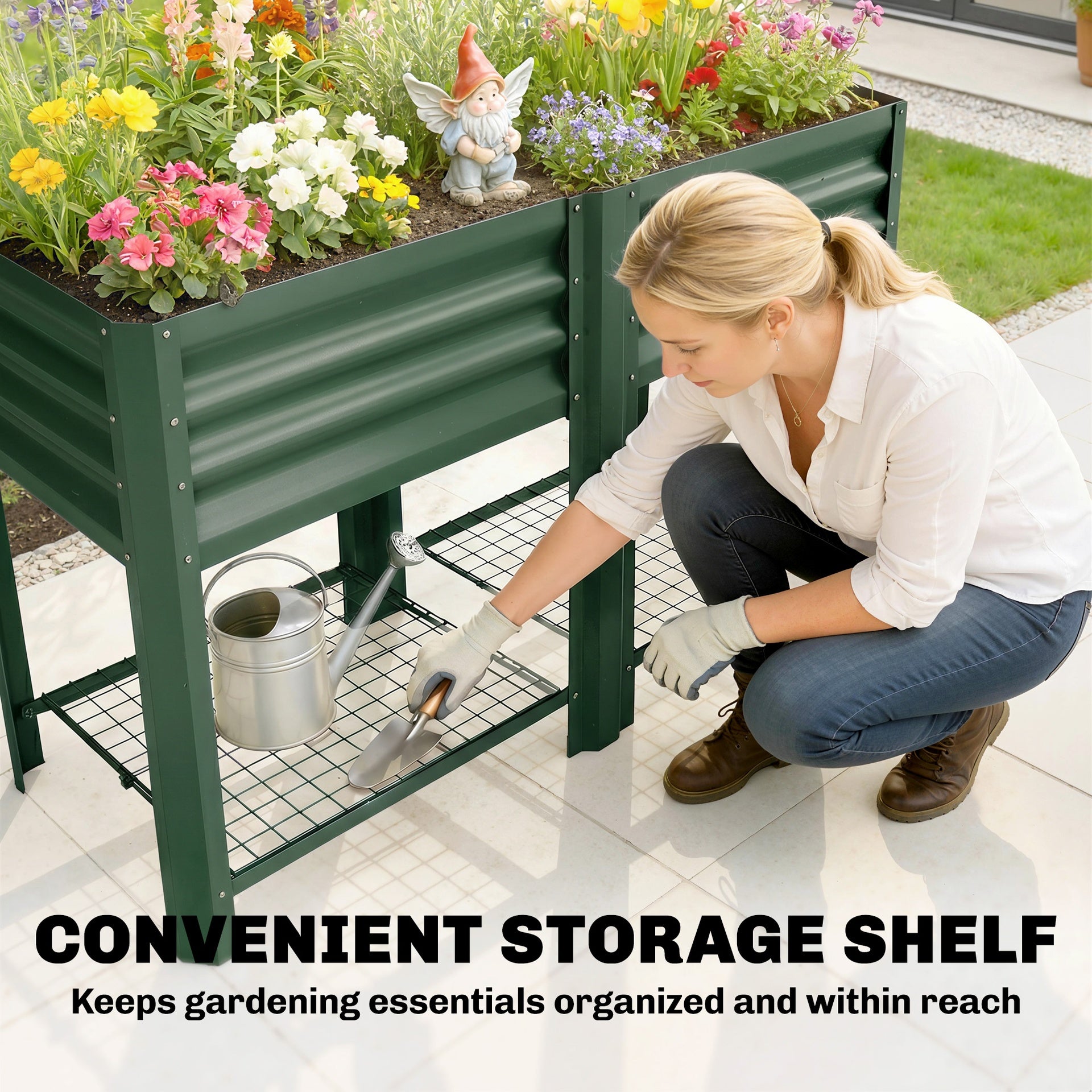 Outsunny Raised Garden Bed Galvanized Steel, Elevated Planter Box with Storage Shelf, Bed Liner, 31.5" High, Green