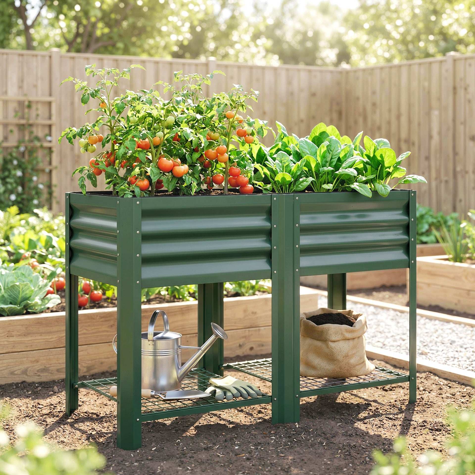 Outsunny Raised Garden Bed Galvanized Steel, Elevated Planter Box with Storage Shelf, Bed Liner, 31.5" High, Green