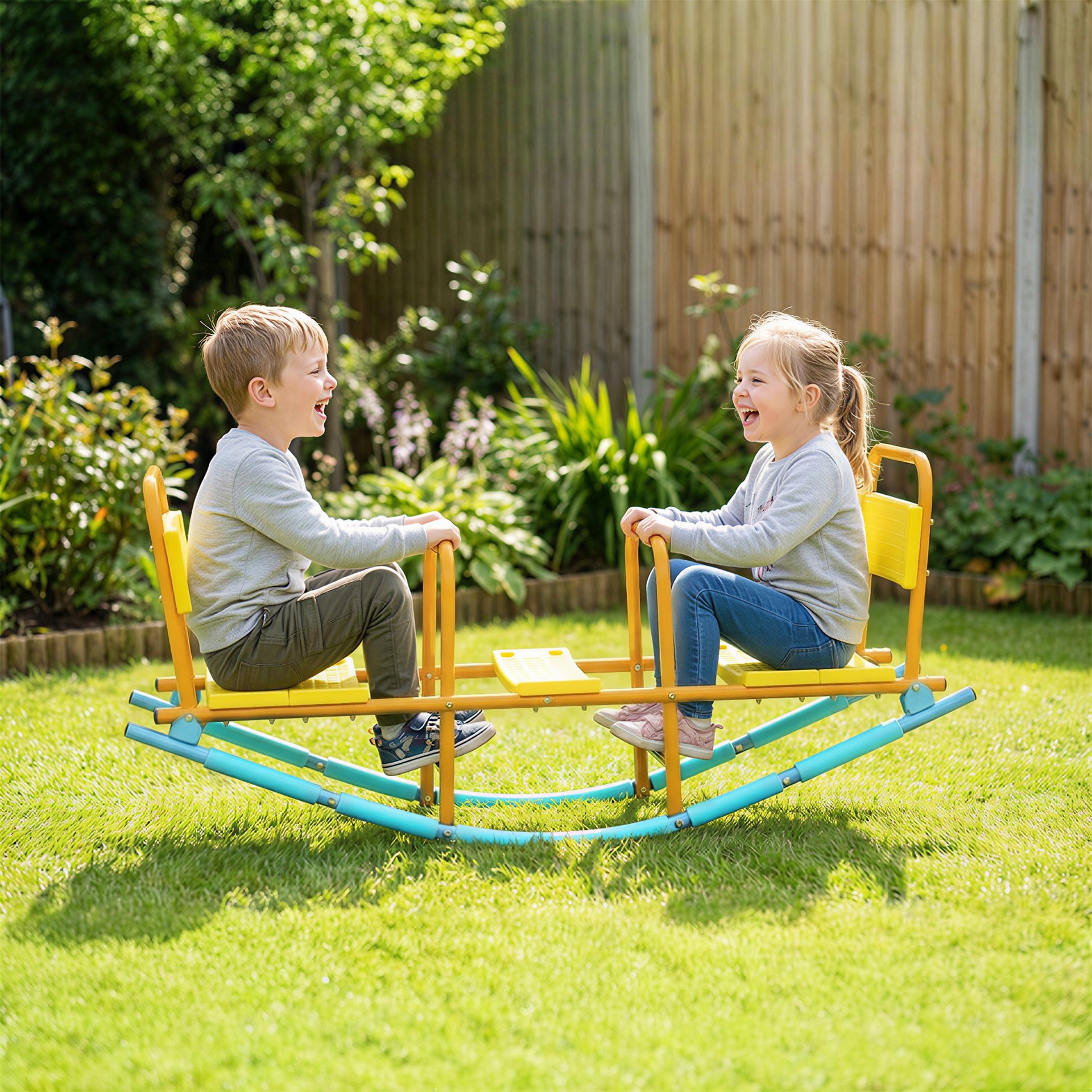 Qaba Teeter Totter Seesaw for Kids, 2 in 1 Metal Rocking Seesaw for Toddlers Age 3-8, Playground Equipment for Backyard