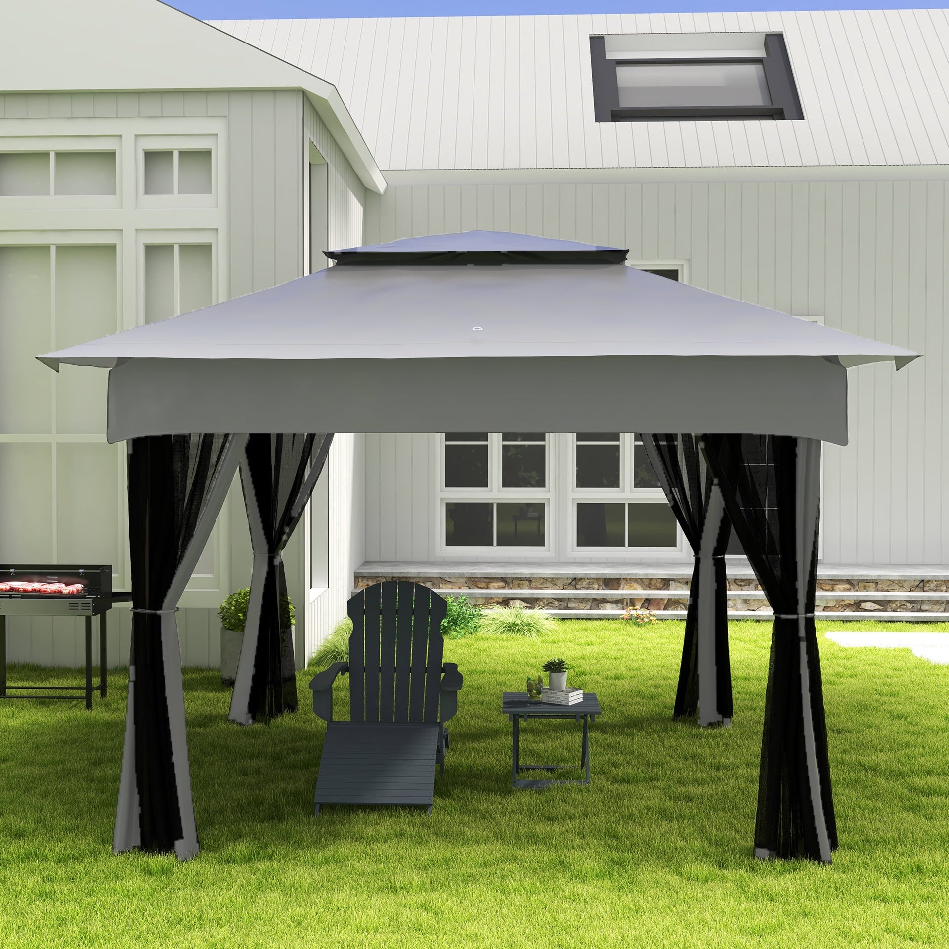 Outsunny 11x11 Canopy Gazebo, Portable Outdoor Patio Shelter with Zipper Mesh Privacy Netting, Carry Bag Included, for Family Use, Light Gray