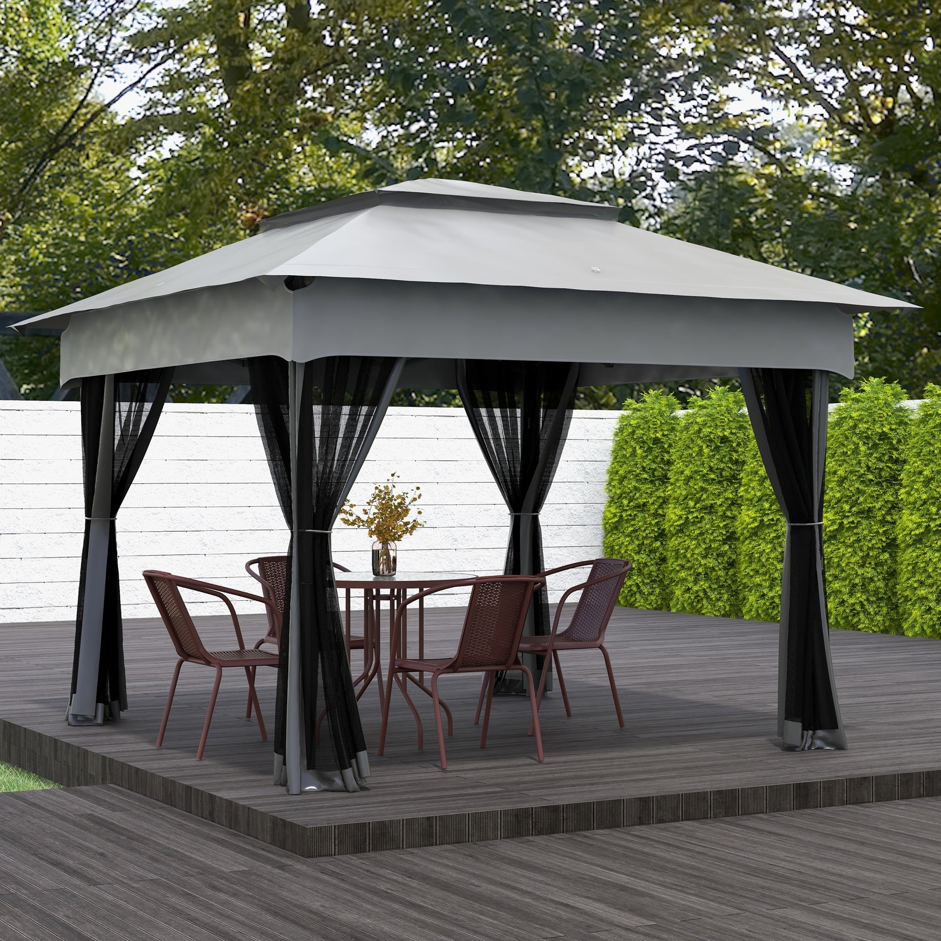 Outsunny 11x11 Canopy Gazebo, Portable Outdoor Patio Shelter with Zipper Mesh Privacy Netting, Carry Bag Included, for Family Use, Light Gray